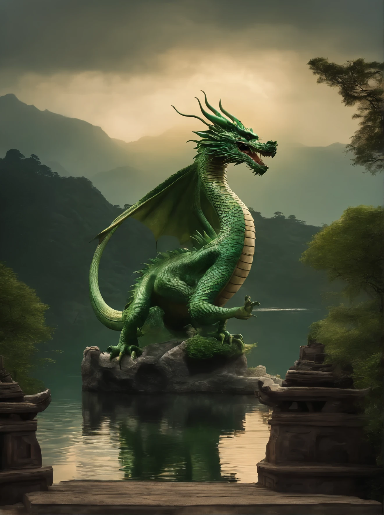 dragon in the sky over a lake with a pagoda in the background, massive green dragon!!!, green dragon, chinese dragon concept art, by Bayard Wu, dragon art, by Yang J, chinese fantasy, by Li Song, cyan chinese dragon fantasy, by Ren Xiong, by Gao Fenghan, by Huang Shen, by Ju Chao, by Huang Ding