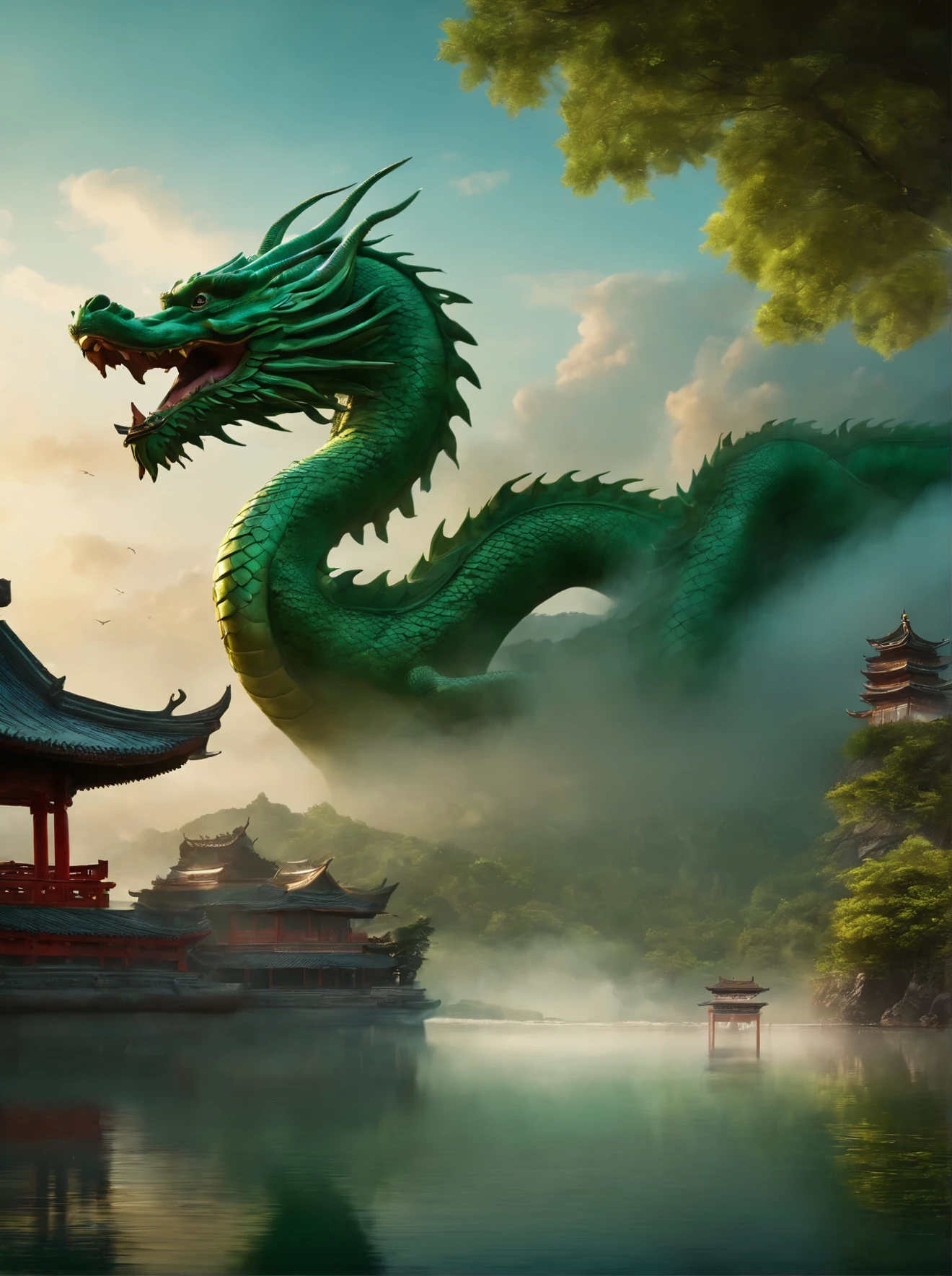 dragon in the sky over a lake with a pagoda in the background, an airbrush painting by Bayard Wu, trending on cgsociety, fantasy art, massive green dragon!!!, green dragon, chinese dragon concept art, dragon art, chinese fantasy, cyan chinese dragon fantasy, dragon in the background, smooth chinese dragon, majestic japanese dragon, 🌺 cgsociety