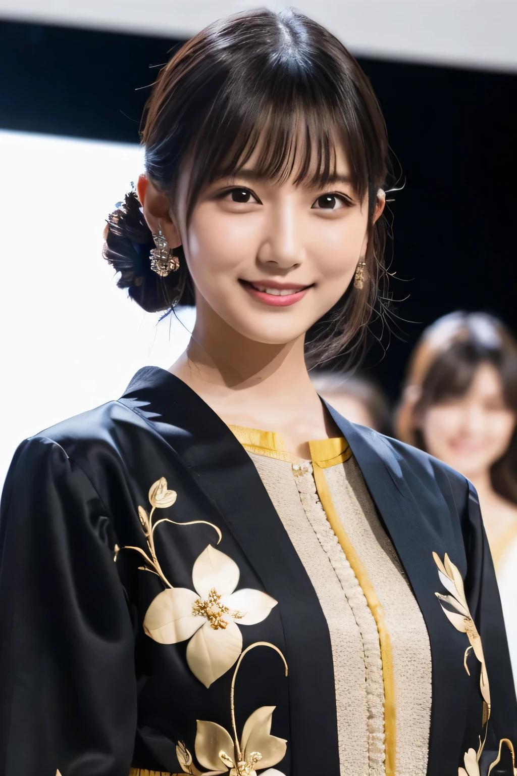 1 girl, (Wearing Japanese-style and contemporary design costumes:1.2), (Works by famous designers), Very beautiful Japanese idol portraits,
(RAW Photos, highest quality), (Realistic, Realistic:1.4), (masterpiece),
Very delicate and beautiful, Very detailed, 2k wallpaper, wonderful, finely, Very detailed CG Unity 8K wallpaper, Very detailed, High resolution, Soft Light,
Beautiful detailed girl, Very detailed目と顔, Beautiful and sophisticated nose, Finely beautiful eyes, Cinema Lighting,
(Participating in a fashion show:1.3),
(Medium Hair),
Complete Anatomy, Slender body, Small breasts, smile
