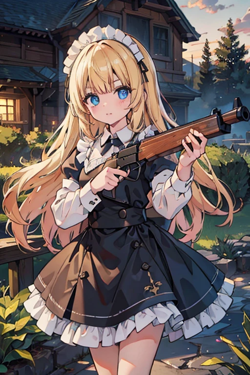 (8k, highest quality, Tabletop:1.2)、Ultra-high resolution, ****************, Perfect Fingers, Detailed face, blue eyes, blonde, Straight hair, Long Hair, Black maid outfit,  Western-style building、garden、{{{High definition rifle}}}、holding weapon, leveraction, antique firearm, trigger discipline, side view