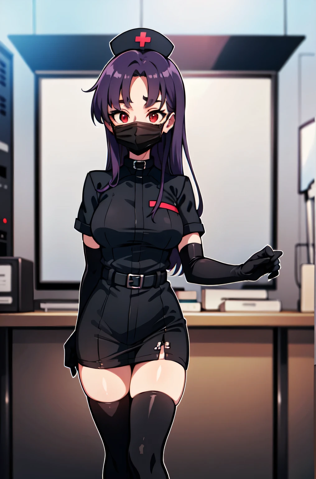 black nurse, 1woman, solo, black nurse cap, black nurse uniform, ((black legwear, zettai ryouiki)), black elbow gloves, long hair, purple hair, red eyes, ((black surgical mask, covered nose)), standing, ((surgery room)), sharp outline, short sleeves, mature female, 35 years old, best quality, masterpiece