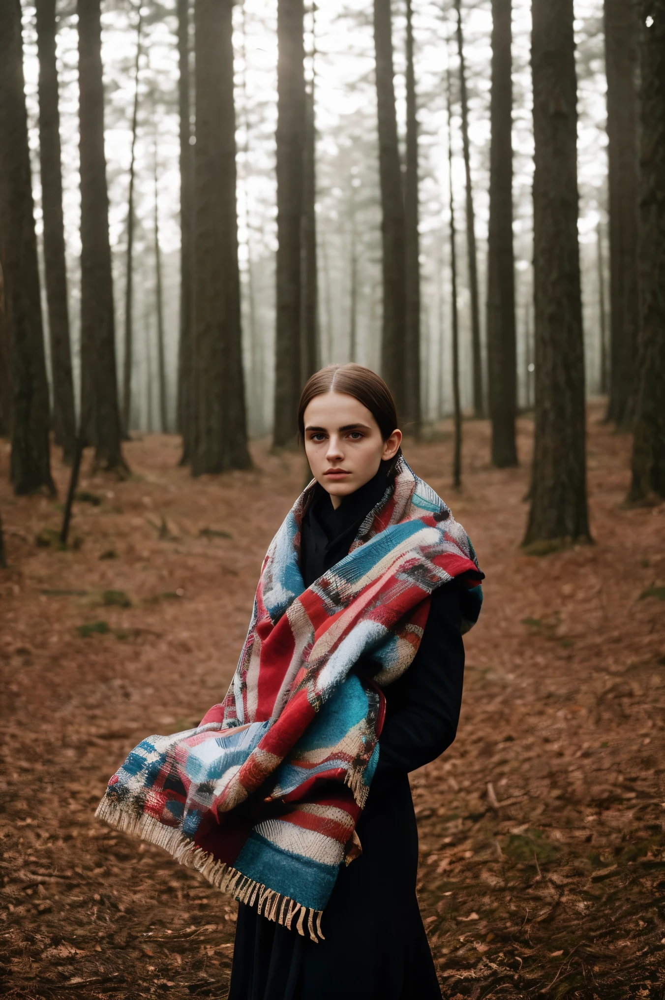 arafed woman with a blanket wrapped around her shoulders in a forest, inspired by Vanessa Beecroft, inspired by Louisa Matthíasdóttir, monia merlo, inspired by Elsa Bleda, portrait of nordic girl, by Emma Andijewska, in woods, karol bak of emma watson nun, inspired by Annie Leibovitz