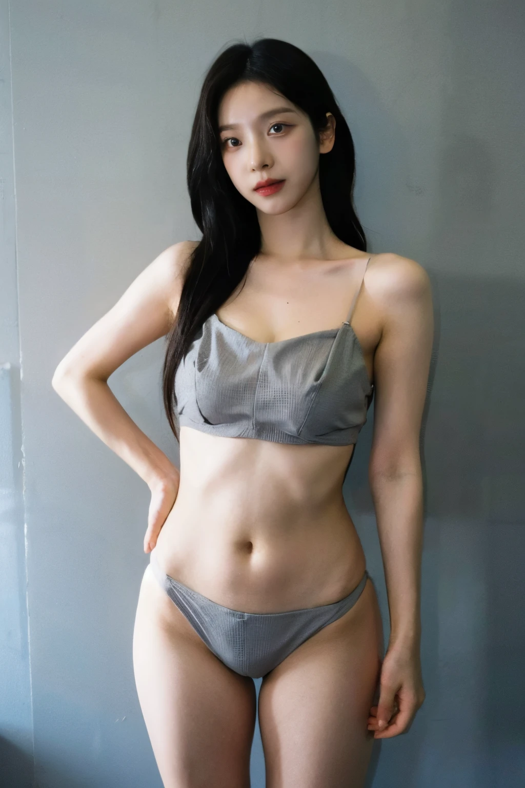 （Highly detailed body，wearing grey luxury bikini, deep cleavage, sexy wearing top, Highly detailed face，very best quality：1.2） ，a woman with，Look at viewers，（grey bikini top，bikini details：1.2），（Strong background room：1.4）(big breast1.2), full body shot, random pose,