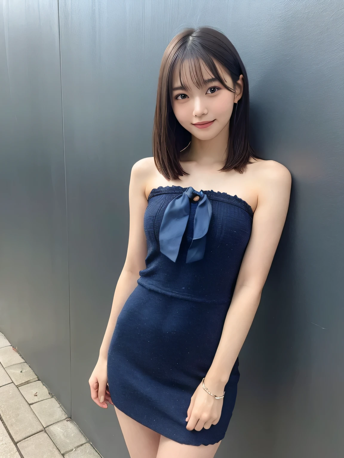 In detail,Full body photo、 slender、Slim body、One high school girl、High resolution, high quality、Slim body、Perfect dynamic composition, Beautiful fine details, Natural Shorthair、Natural color lip,Kamimei、14-year-old girl、Clear Skin、Navy blue bandeau dress、Thighs、Shiny Hair、最high quality, figure, Very detailed, In detail, High resolution, 8k、The correct state of the human body、Sculpture model pose,Yellow wall,Thighs are visible、smile、