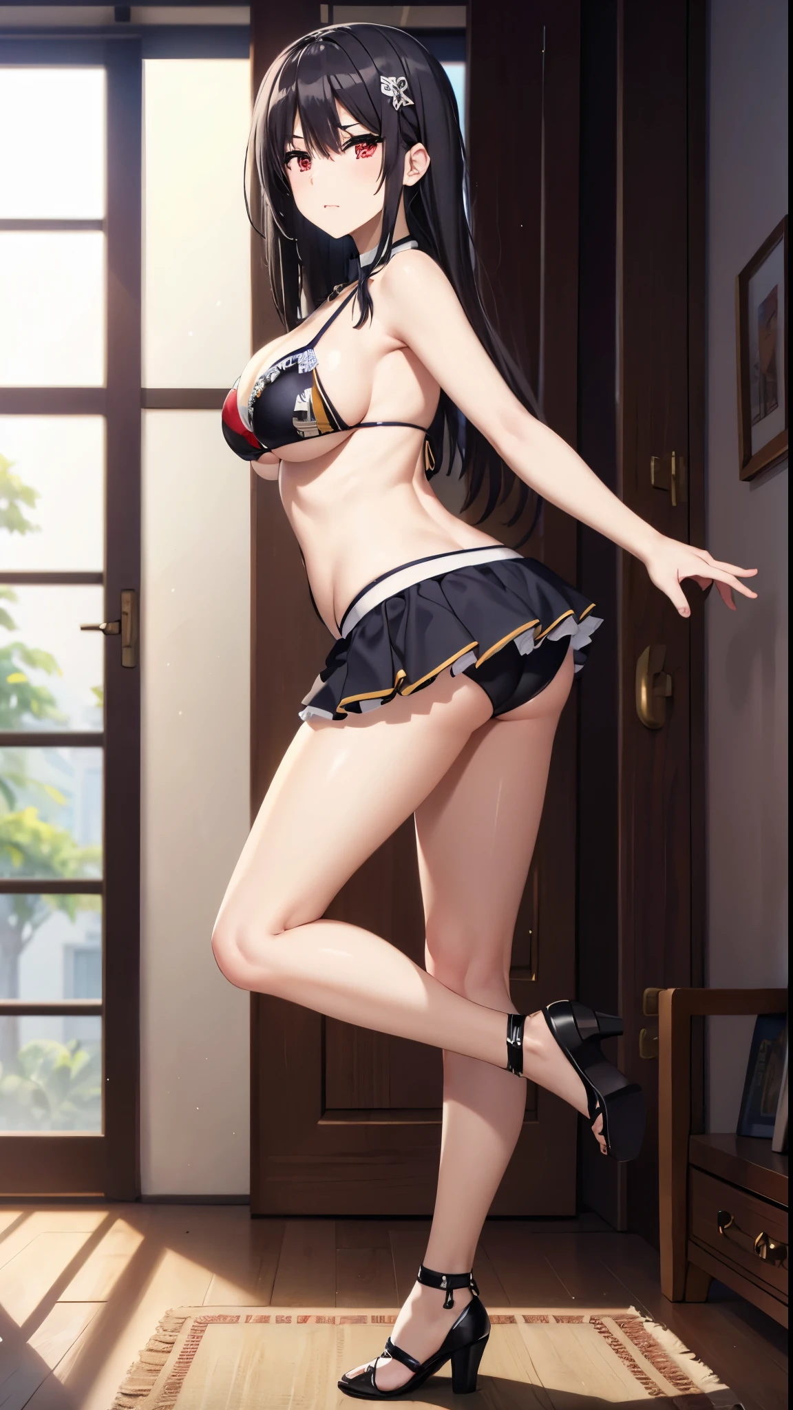 black hair,red eyes,((bikini)),long hair