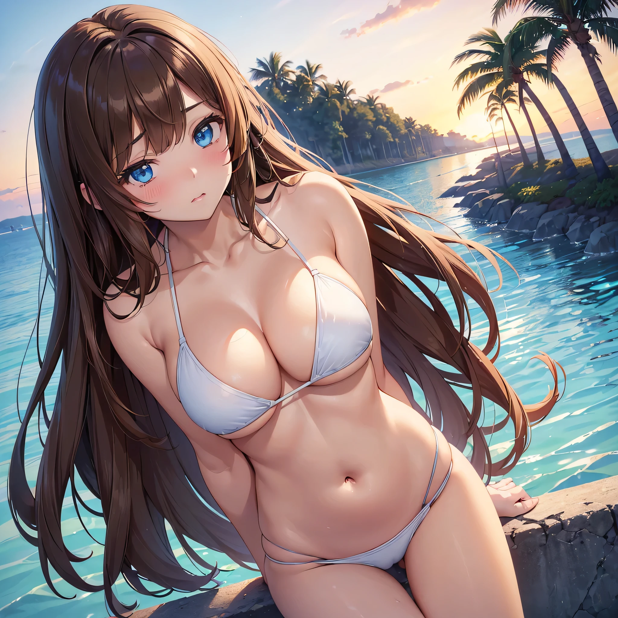 (This is a close-up shot of a young anime girl in a bikini :1.4),(solo:1.4),(1girl:1.4),(long brown hair:1.3),(blue eyes:1.2),(white bikini top:1.3),(white bikini bottom:1.2),(navel:1.1),(palm trees in the background:1.2),countryside riversidein the background:1.2),(blue sky:1.1), (detailed face:1.3),(beautiful detailed eyes:1.3),(slightly parted lips:1.2),(shy embarrassed expression:1.3),(flushed cheeks:1.2),(slender body:1.2),(large breasts:1.3), (masterpiece:1.2),(best quality:1.3),(ultra high res:1.2),(photorealistic:1.1), lora:cuteGirlMix4_v10:0.5,lora:koreanDollLikeness_v15:0.3,sunset、With the riverside in the background、There's a mountain in the background、The bikini is transparent and you can see the nipples、Sitting、