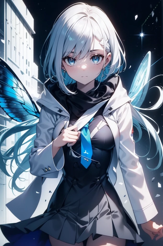 Best quality, beautiful face, detailed, perfect body, 
Girl, Green eyes, cute smile, short dark blue hair, cute Smile, white hair clip, small cute body, normal-sized cute breasts, white light jacket, blue butterfly tie, blue winter jacket, gray school skirt, city background , Ichigo from Darling in the Franxx 