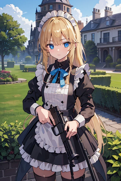 (8k, highest quality, Tabletop:1.2)、Ultra-high resolution, ****************, Perfect Fingers, Detailed face, blue eyes, blonde, Straight hair, Long Hair, Black maid outfit,  Western-style building、garden、{{{High definition rifle}}}、holding weapon, leveraction, antique firearm, trigger discipline, side view