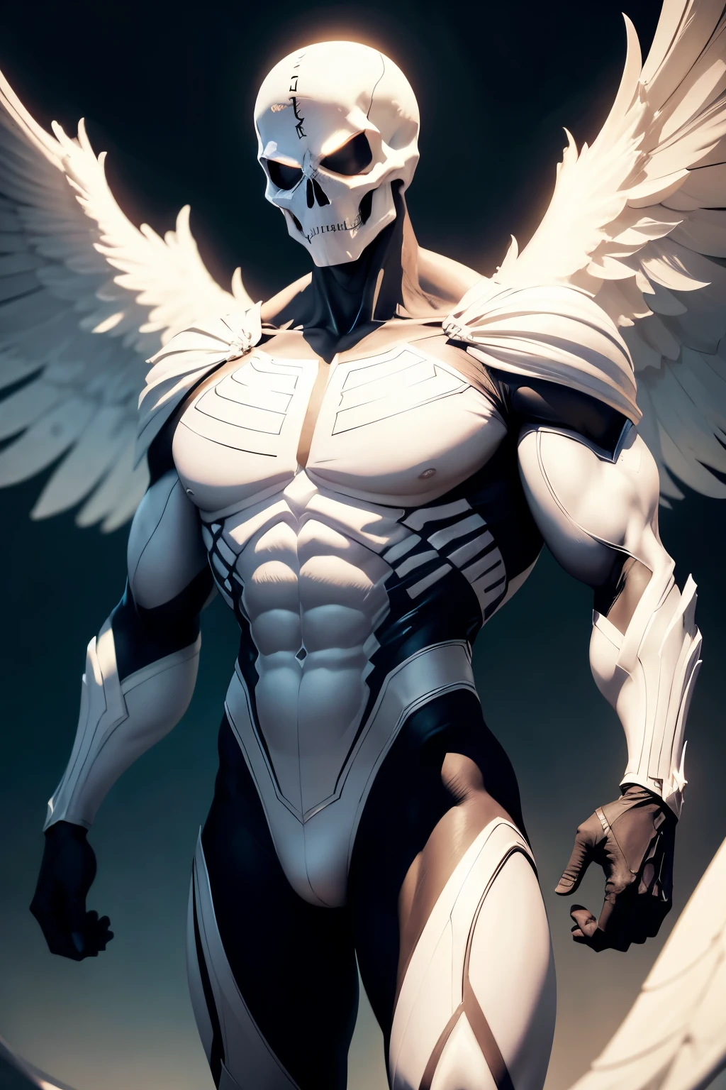 skeleton superhero, costume peau d'ange, du futur, une main en squelette brulant, super muscular, début sur un toit, image meilleure qualité HD.