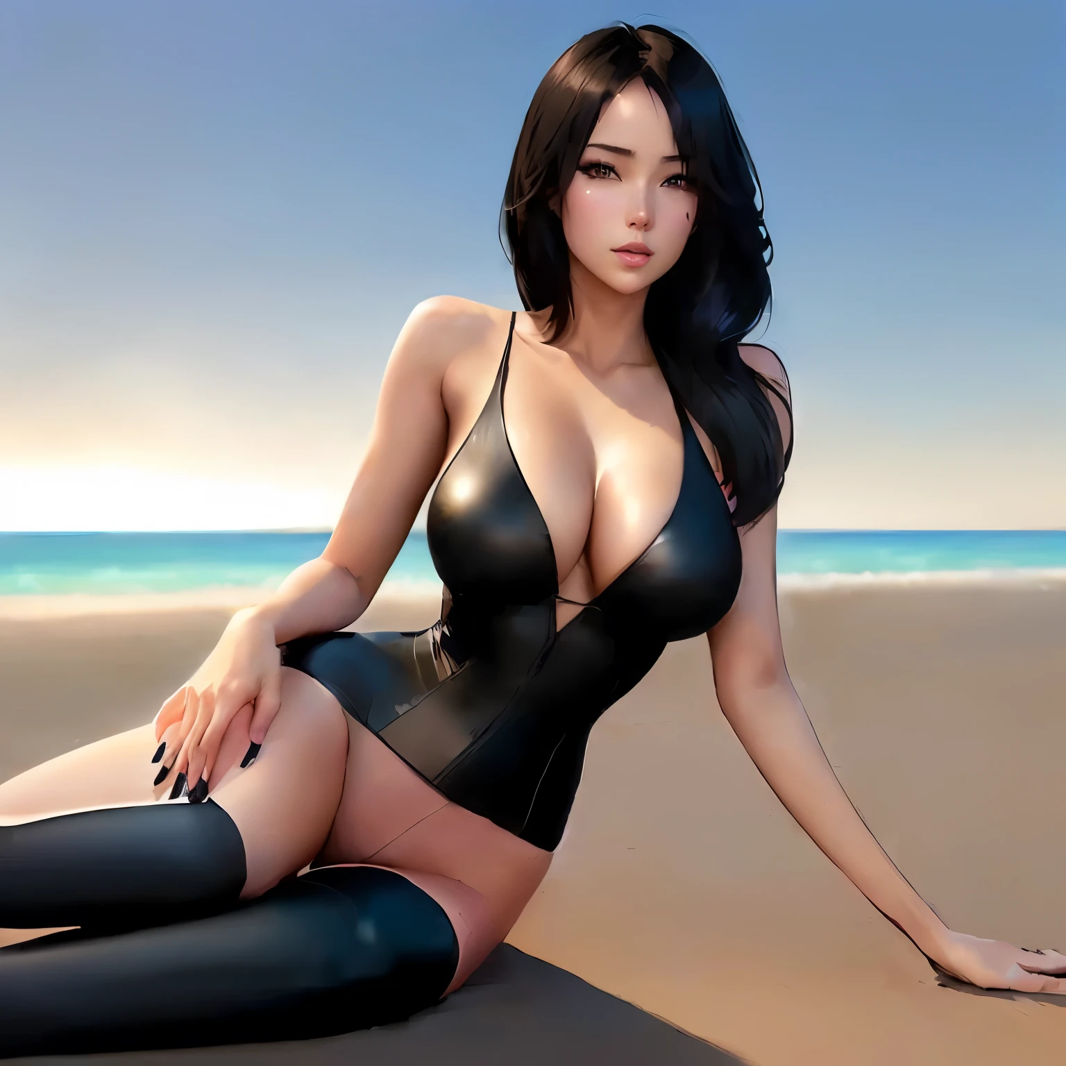 anime girl in a black swimsuit sitting on a beach, beautiful alluring anime woman, beautiful digital artwork, seductive anime girl, trending on cgstation, seductive tifa lockhart portrait, stunning digital illustration, sexy girl, realistic bikini, glossy digital painting, glamorous tifa lockheart, sultry digital painting, beautiful digital illustration, digital art of an elegant, gorgeous digital art