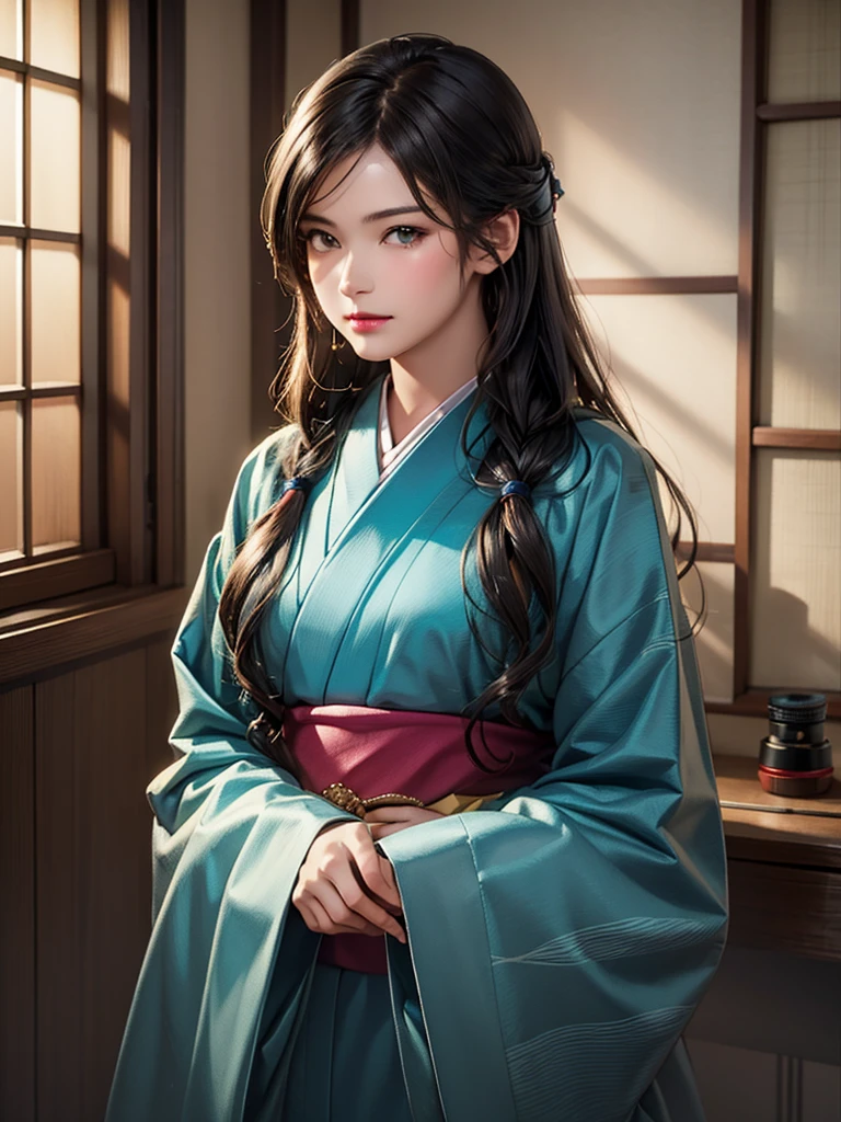 (highest quality、8k、32k、masterpiece)、(masterpiece,up to date,Exceptional:1.2), anime,One girl,Front hair,black_hair, Beautiful 8k eyes,Looking_in_Audience,One person in,Are standing,((Very beautiful woman, Fuller lips, Japanese pintern kimono))、((Colorful Japanese kimono)))、(((Medium Shot)))、Blunt bung、(High resolution)、Very beautiful face and eyes、1 girl 、Round and small face、Narrow waist、delicine body、(highest quality high detail Rich skin details)、(highest quality、8k、Oil paints:1.2)、Very detailed、(Realistic、Realistic:1.37)、Bright colors、(((blackhair)))、(((Long Hair)))、(((cowboy pictures)))、((( Inside an old Japanese house with a (short focus lens:1.4),)))、(masterpiece, highest quality, highest quality, Official Art, beautifully、aesthetic:1.2), (One girl), Very detailedな,(Fractal Art:1.3),colorful,Most detailed,Sengoku period(High resolution)、Very beautiful face and eyes、1 girl 、Round and small face、Tight waist、Delicine body、(highest quality high detail Rich skin details)、(highest quality、8k、Oil paints:1.2)、(Realistic、Realistic:1.37)、Greg Rutkowski Written by Alphonse Mucha Ropp,short ,(focus lens:1.4),uchikake,nishijin ori,(realistic light and shadow), (real and delicate background),(muted colors, dim colors, soothing tones:1.3), low saturation, (hyperdetailed:1.2), (noir:0.4),drow,blurry_light_background,lens flare, (vibrant color:1.2), cinematic lighting, ambient lighting,Single Shot,Shallow Focus,pink lip,blurry light background,ethereal background, cinematic shot, ,Retro Art-style,Shot with medium format camera,break pastel,perfect light,cartoon,anime,graffiti,guweiz style,head to thigh portrait
