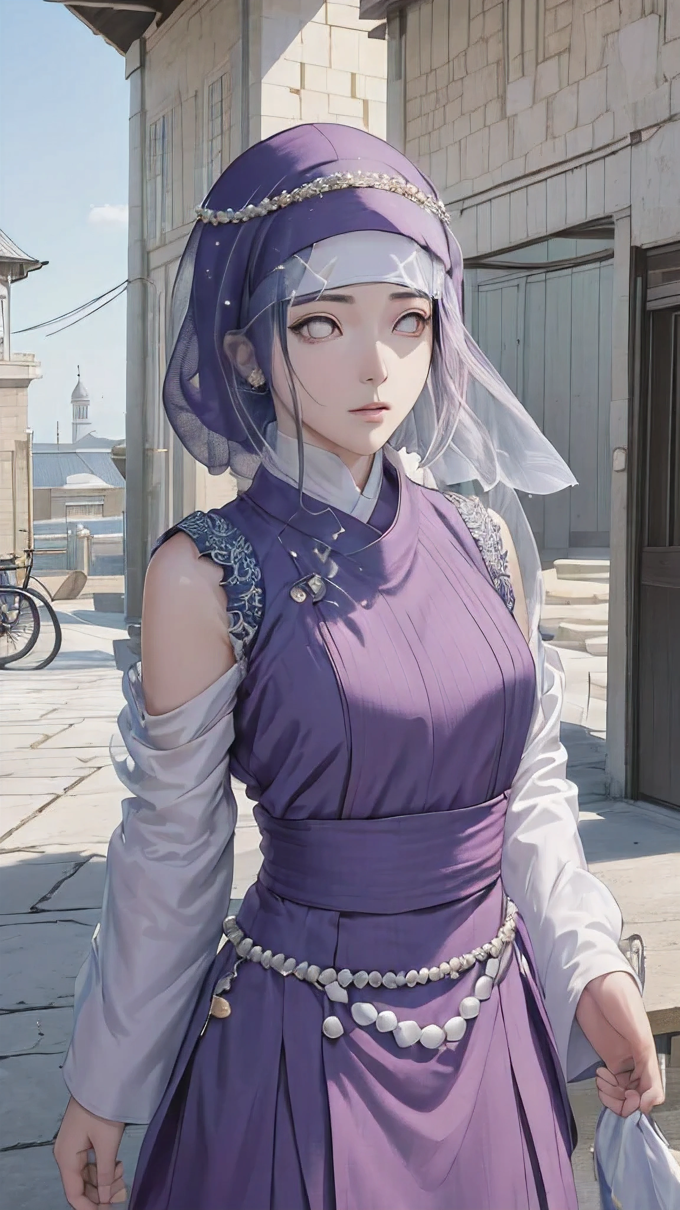 (masterpiece, top quality, best quality, official art, beautiful and aesthetic: 1.2), (1girl), (depicted as Hyuga Hinata from the anime Naruto), (long dark blue hair, cascading down her shoulders), (styled with white eyes, distinctive of her Byakugan heritage), (beautiful, with expressive features and captivating charm), (clad in purple clothes, traditional to Muslim attire), (wearing a mukena, intricately designed and flowing), (head adorned with a hijab, adding a layer of cultural authenticity), (set against a serene mosque background), (ultra-detailed, every fiber