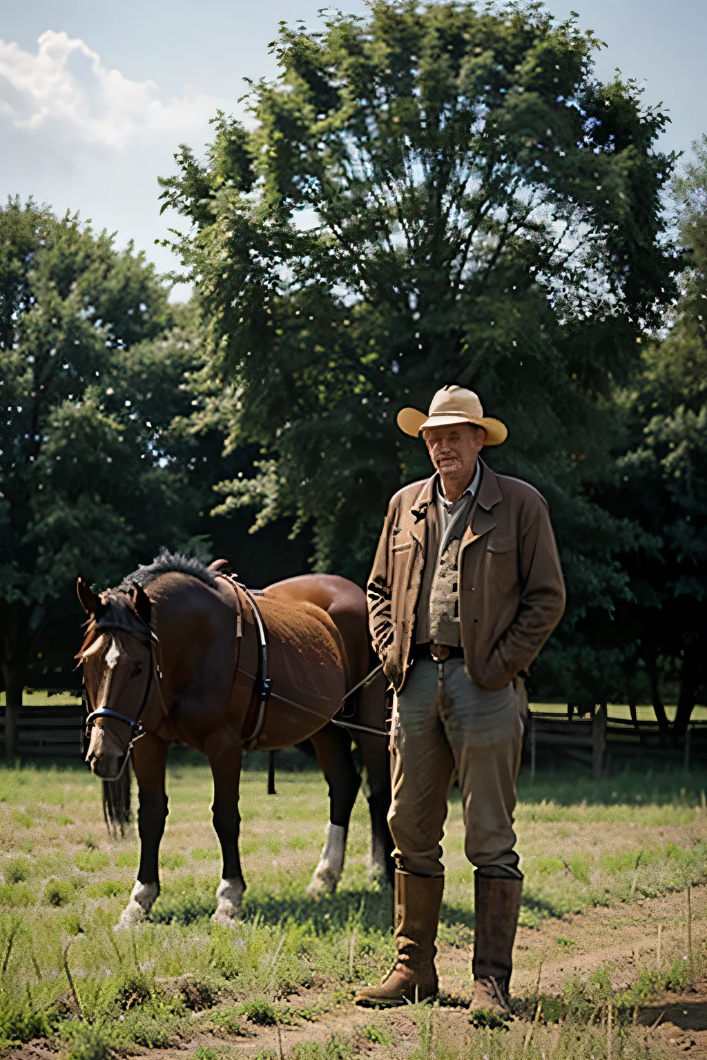 The first picture: A farmer stands next to his old horse in the field.
