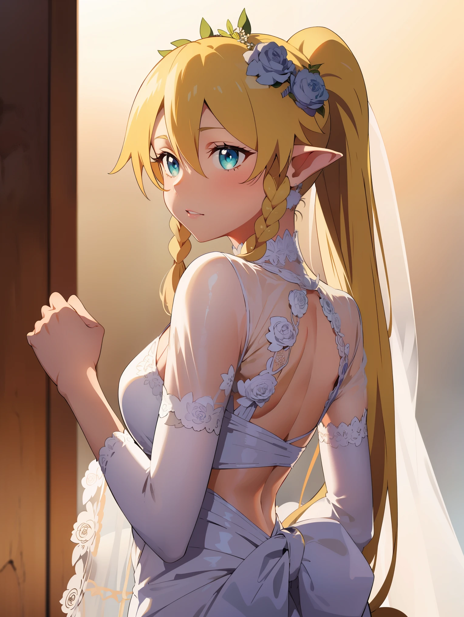 (((leafa))), blonde hair, long hair, green eyes, pointy ears,twin braids, hair between eyes,ponytail, very long hair,side braid, 
BREAK (Sheer white wedding dress,Veil ,Lace Sleeves,Big Long Tail:1.2)
BREAK casino, 
BREAK from back view、Look back with a sideways glance,
BREAK (masterpiece:1.2), best quality, high resolution, unity 8k wallpaper, (illustration:0.8), (beautiful detailed eyes:1.6), extremely detailed face, perfect lighting, extremely detailed CG, (perfect hands, perfect anatomy),