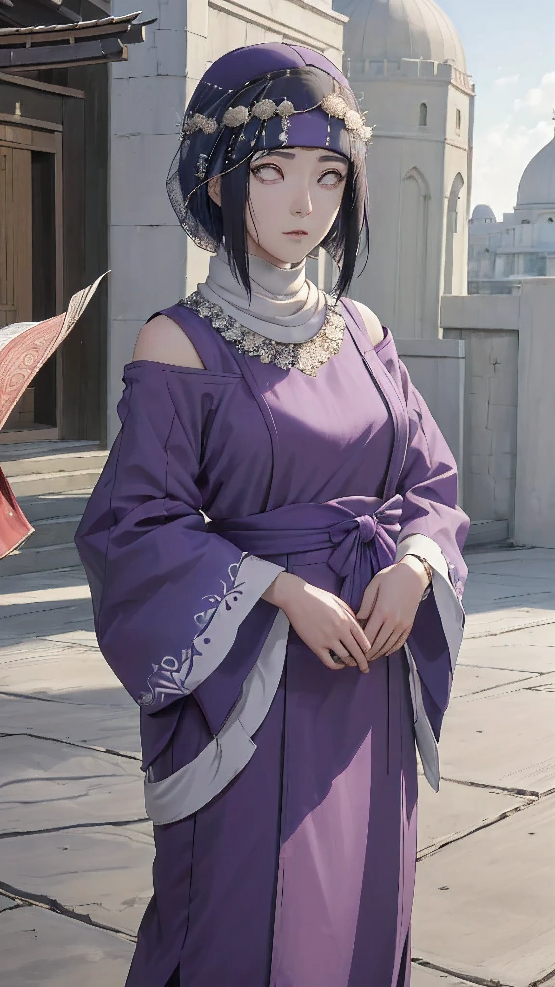 (masterpiece, top quality, best quality, official art, beautiful and aesthetic: 1.2), (1girl), (depicted as Hyuga Hinata from the anime Naruto), (long dark blue hair, cascading down her shoulders), (styled with white eyes, distinctive of her Byakugan heritage), (beautiful, with expressive features and captivating charm), (clad in purple clothes, traditional to Muslim attire), (wearing a mukena, intricately designed and flowing), (head adorned with a hijab, adding a layer of cultural authenticity), (set against a serene mosque background), (ultra-detailed, every fiber