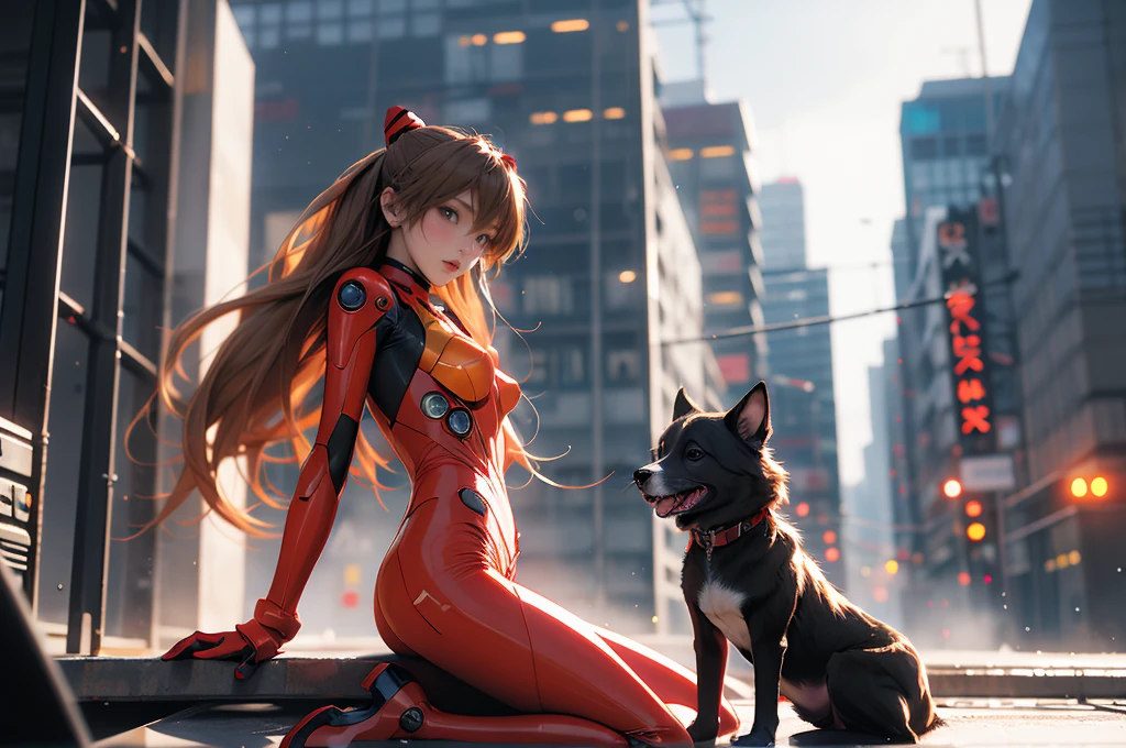 girl, Machine Dog, tank, cyber punk, Double Exposure, City Settings, headset, Overlooking, Asuka Langley Soryu