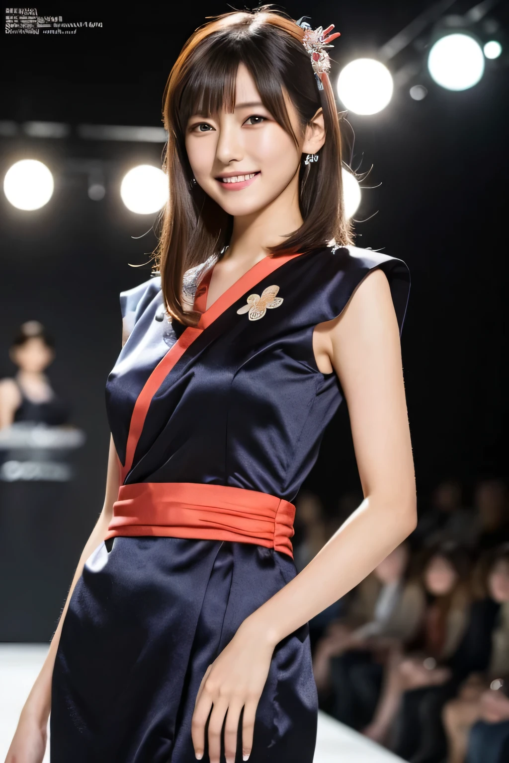 1 girl, (Wearing Japanese-style and contemporary design costumes:1.2), (Works by famous designers), Very beautiful Japanese idol portraits,
(RAW Photos, highest quality), (Realistic, Realistic:1.4), (masterpiece),
Very delicate and beautiful, Very detailed, 2k wallpaper, wonderful, finely, Very detailed CG Unity 8K wallpaper, Very detailed, High resolution, Soft Light,
Beautiful detailed girl, Very detailed目と顔, Beautiful and sophisticated nose, Finely beautiful eyes, Cinema Lighting,
(Participating in a fashion show:1.3),
(Medium Hair),
Complete Anatomy, Slender body, Small breasts, smile