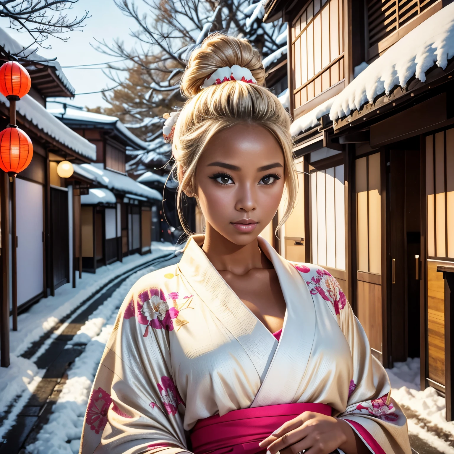 Bust Shot, Sexy tan_White girl, blonde_Hair Bun, hair ornaments,Tanning dark skin,Lustrous skin, Kimono full_Open, Kyoto_Winter Street, Trees covered with snow々, RETRO Art Style, neon_POP Art Style, Art Style