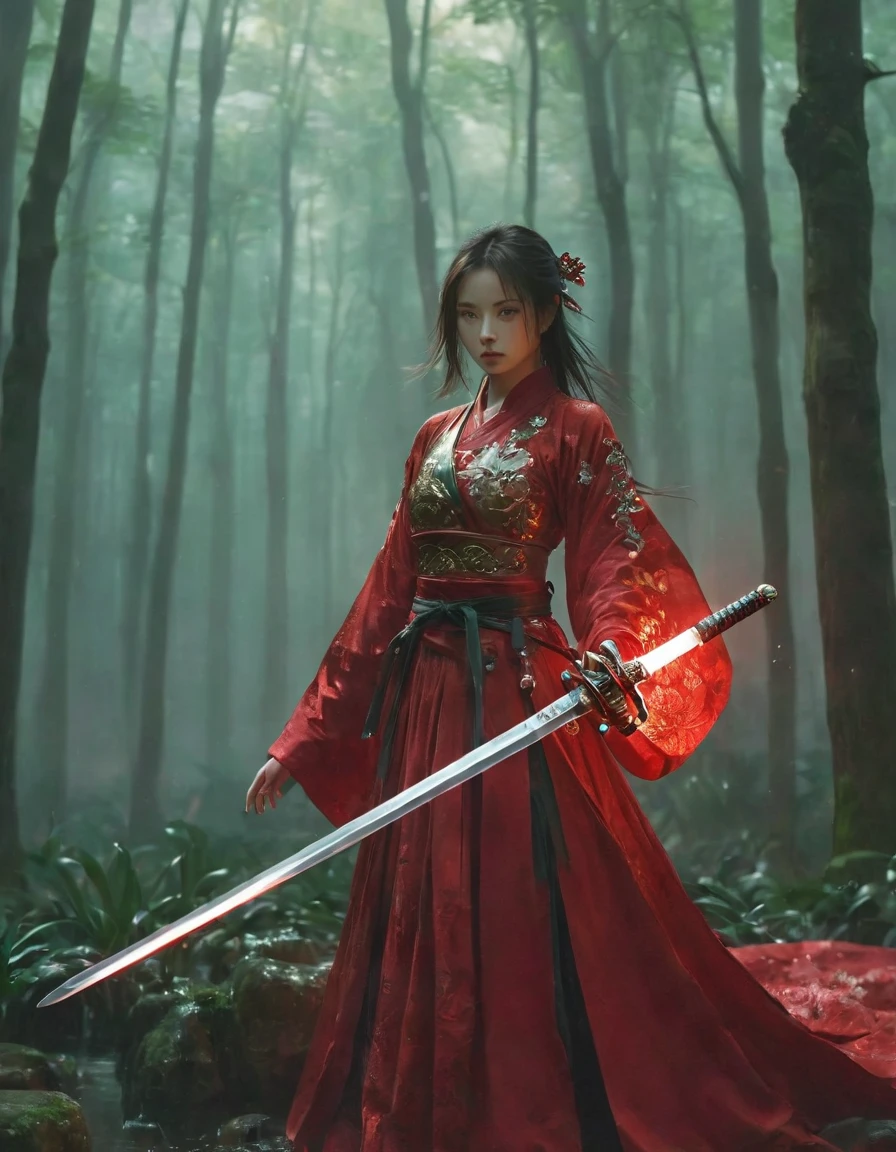 1 beautiful girl, Axisymmetric combination is correct,Solitary,Female swordsman,Hold the sword hilt tightly in your hand,Each hand holds a sword hilt,Ruby sword,Jade seeds, Blade glows,Front view, close up, ((best quality)), ((masterpiece)), ((Practical)),Ultra HD,