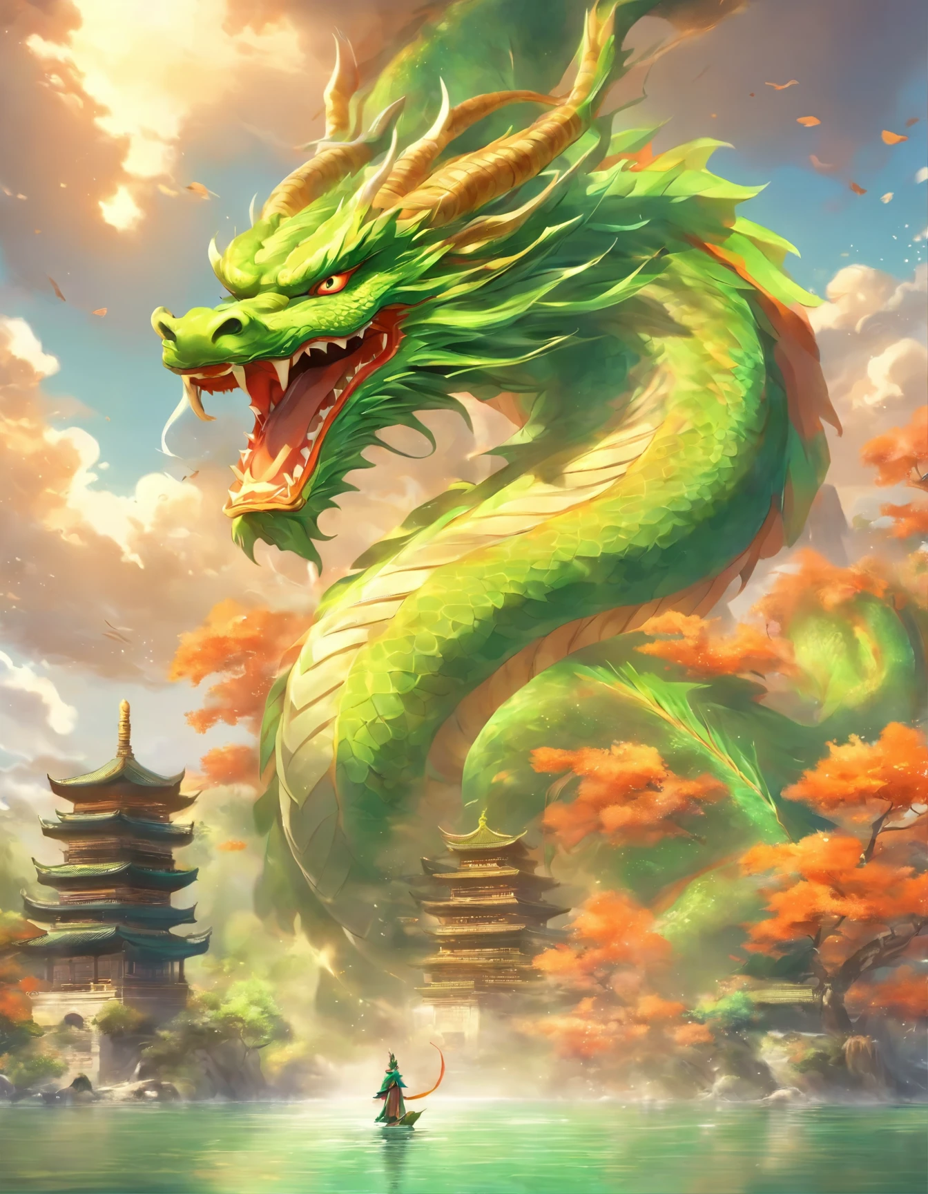 dragon in the sky over a lake with a pagoda in the background, massive green dragon!!!, green dragon, chinese dragon concept art, by Bayard Wu, dragon art, by Yang J, chinese fantasy, by Li Song, cyan chinese dragon fantasy, by Ren Xiong, by Gao Fenghan, by Huang Shen, by Ju Chao, by Huang Ding