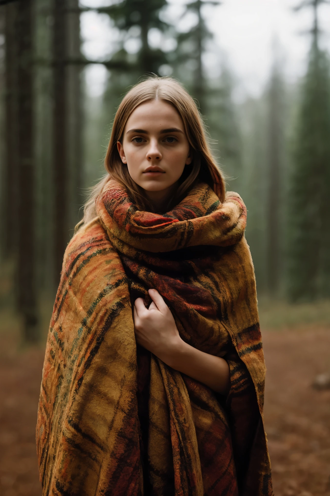 arafed woman with a blanket wrapped around her shoulders in a forest, digital art inspired by Vanessa Beecroft, tumblr, digital art, monia merlo, portrait of nordic girl, in woods, karol bak of emma watson nun, in forest, alessio albi, in the woods, erwin olaf, in a forest, elle fanning)