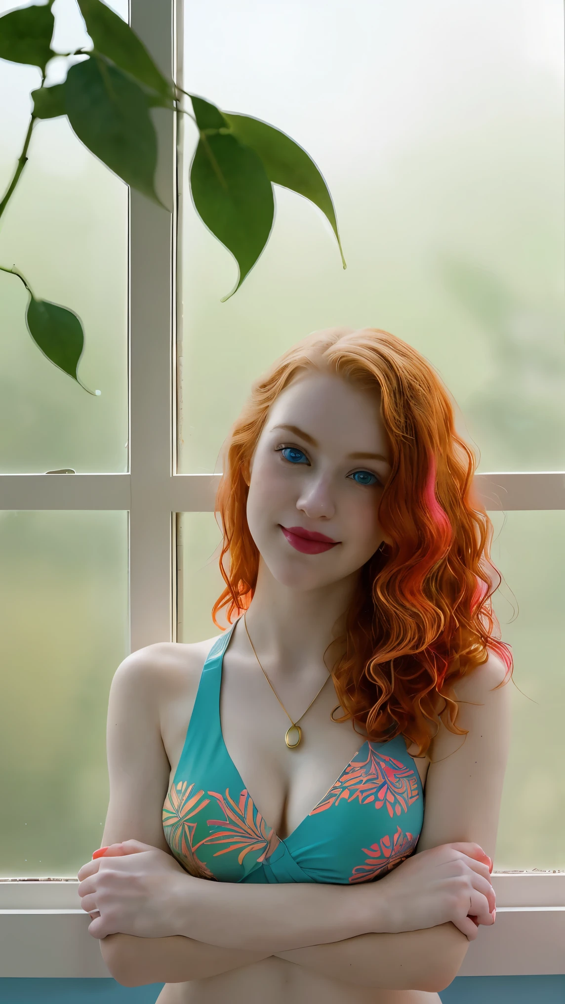 Analog portrait, chiaroscuro technique on illustration of a couple of 2girls(18 yo, large breasts, blue eyes, soft makeup, {puffy lips(bold{pink/cherry-red}lips)}, curly redheaded hair, {very pale-skin}, slightly plump yet fit physique, very pale skin(porcelain skin),{barefoot}:0.9573).
(they are dressed in a revealing & daring micro-bikini({green&pink/ blue&orange}-(herb-printed design attire):1.1973), gold-wide chains.
(They have{smile, pout, smirk} face expression, posing(against the window)bent knee, her hands holding a colorful-plastic-bags:1.123735), looking at the viewer.
In a empy-room setting(back-walls, natural light, ceiling windows, lush plants), sunny day(natural light), vivid colors, Canon EOS R6, 24-70mm lens, natural lighting, high-dynamic-range imaging. (CLOSE UP SHOT))