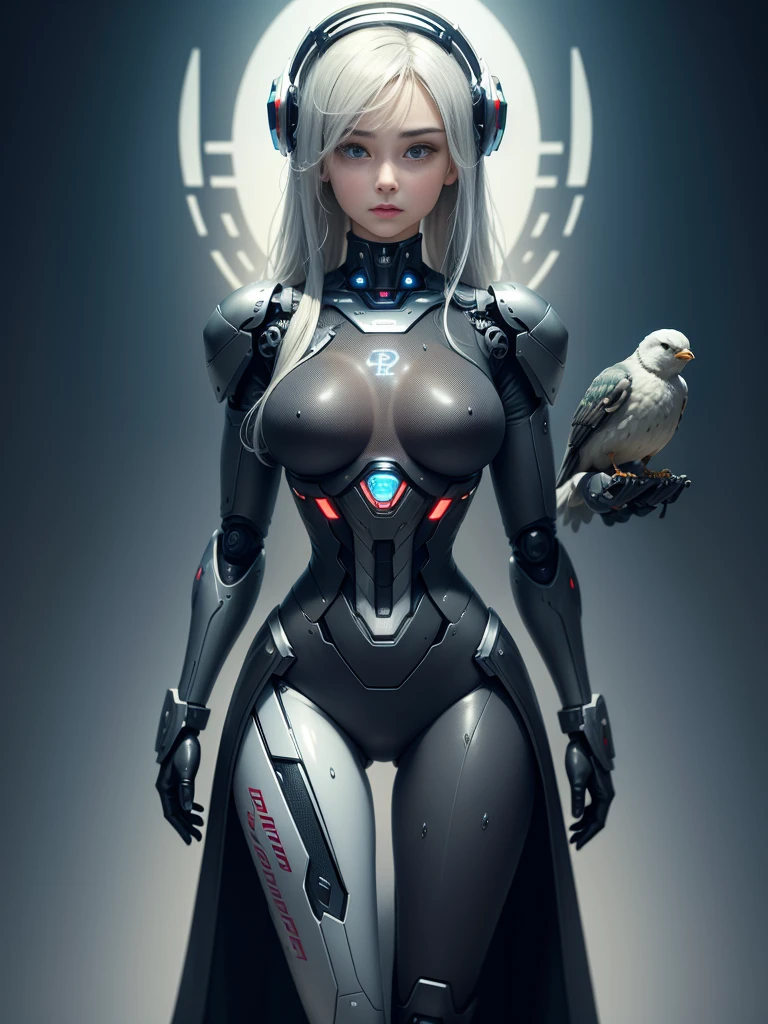 A robot with a perfect female face, Ultra-realistic humanoids, Robots with human-like faces and mechanically detailed bodies, 8K images, Robot holding a bird in his hands, Peace的环境, Future city background, Ultra-realistic robot with human-like features, Peace, ((masterpiece, best quality,)), mute, (wet:1.2), girl, Medium breasts, (transparent:1.3)