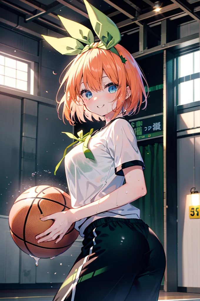 yotsubanakano, Yotsuba Nakano, bangs, short hair, blue eyes, Hair between the eyes, hair ribbon, hair band, Orange Hair, (Green ribbon:1.5), smile, Grin,smile,Sweat,Wet Skin,
(Dynamic pose:1.2), /(Basketball Uniforms/Basketball Pants), /bangs, (highest qualityのmasterpiece:1.2) Delicate illustrations with super detail, Big Break /(Citizen Gym/) indoor, audience、
break indoors, gym,
break looking at viewer, (Cowboy Shot:1.5),
break (masterpiece:1.2), highest quality, High resolution, unity 8k wallpaper, (figure:0.8), (Beautiful fine details:1.6), Highly detailed face, Perfect lighting, Highly detailed CG, (Perfect hands, Perfect Anatomy),