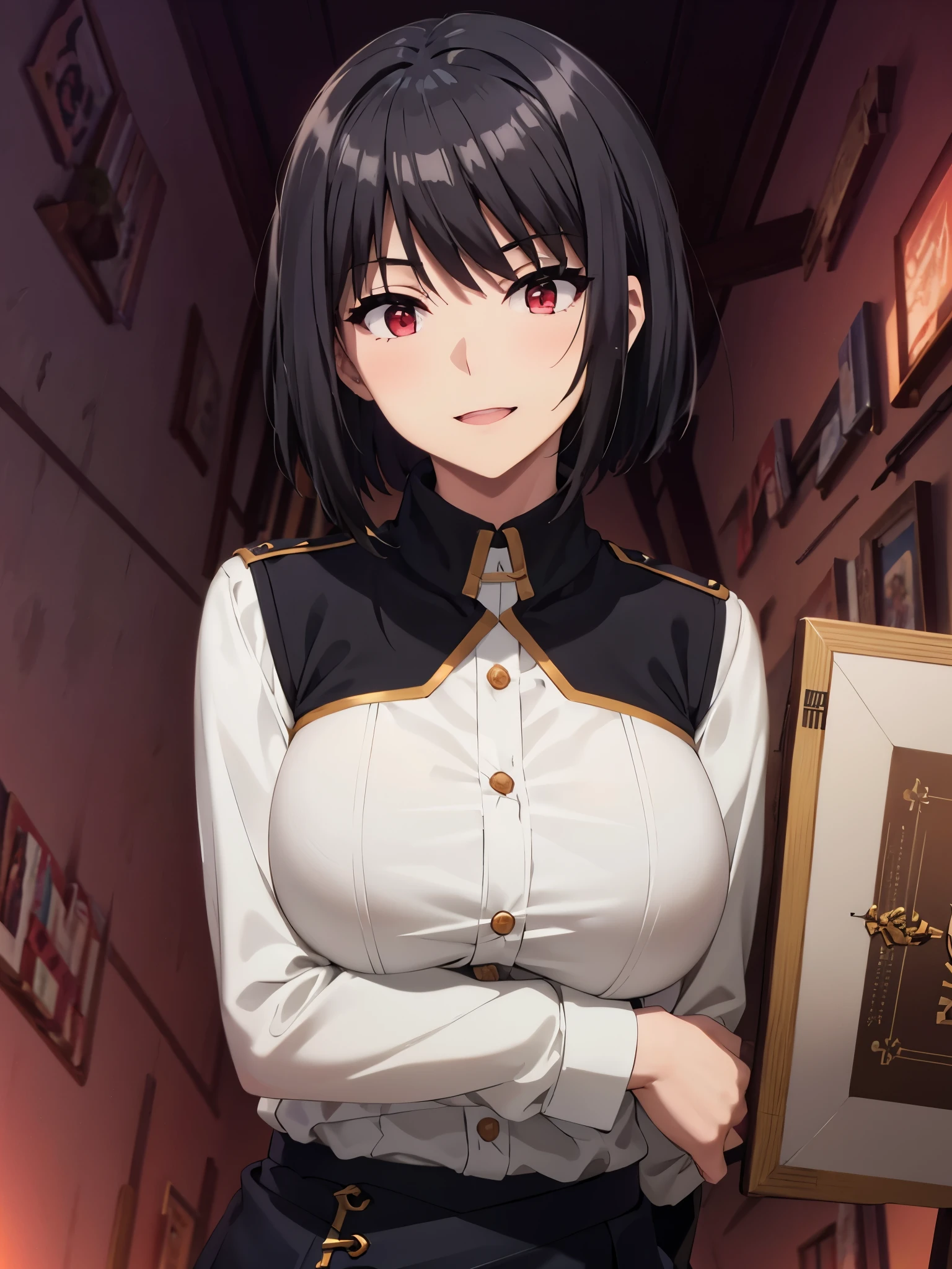 black hair,red eyes,((white shirt)),logh hair,smile