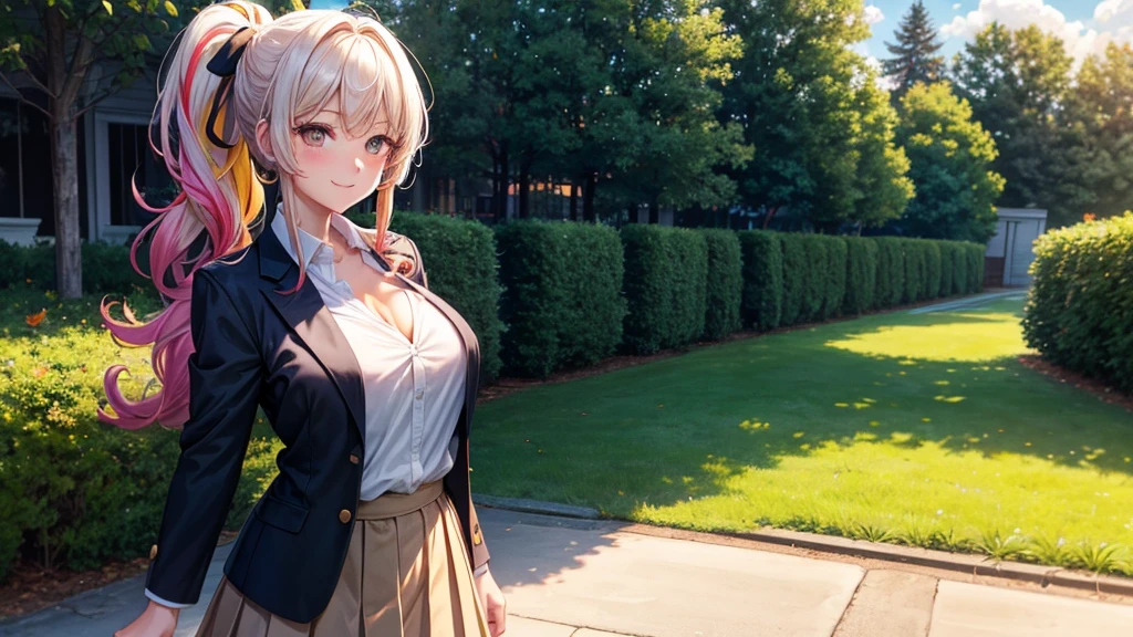 1girl, full body, solo, summer, village, trees, sun, clouds, ((colorful hair)), long hair, curly hair, ponytail, large breasts, ((black blazer)), button down shirt, ((white shirt)), ((short sleeved shirt)), ((unbuttoned shirt)), unbuttoning buttons, cleavage 1:3, brown eyes, skirt, smile, looking at the viewer, standing, hair ribbon, golden necklate