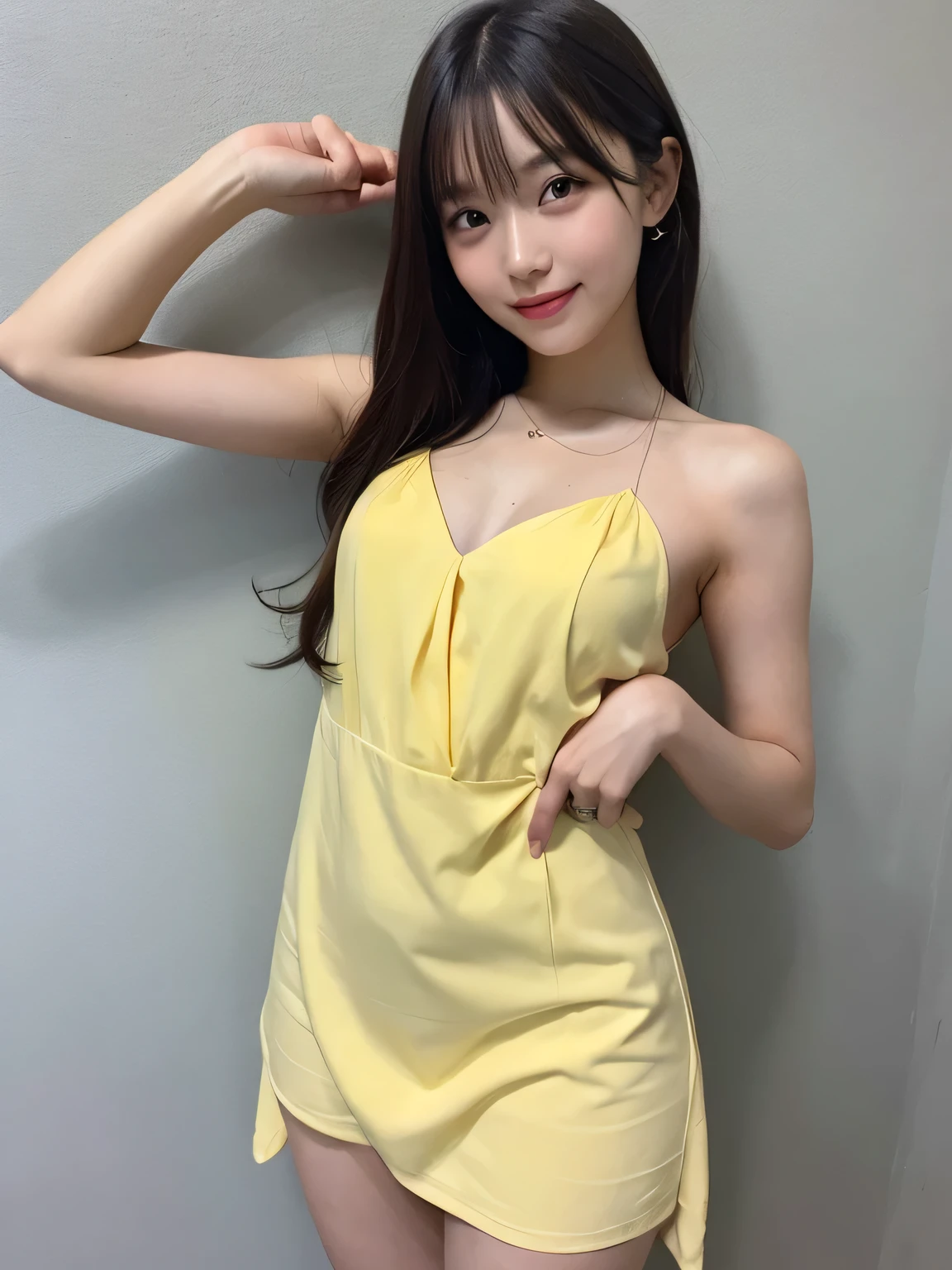In detail,Full body photo、 slender、Slim body、One high school girl、High resolution, high quality、Slim body、Perfect dynamic composition, Beautiful fine details, Natural Shorthair、Natural color lip,Kamimei、、Clear Skin、Navy blue bandeau dress、I can see your chest、Thighs、Shiny Hair、最high quality, figure, Very detailed, In detail, High resolution, 8k、The correct state of the human body、Sculpture model pose,Yellow wall,Thighs are visible、smile、