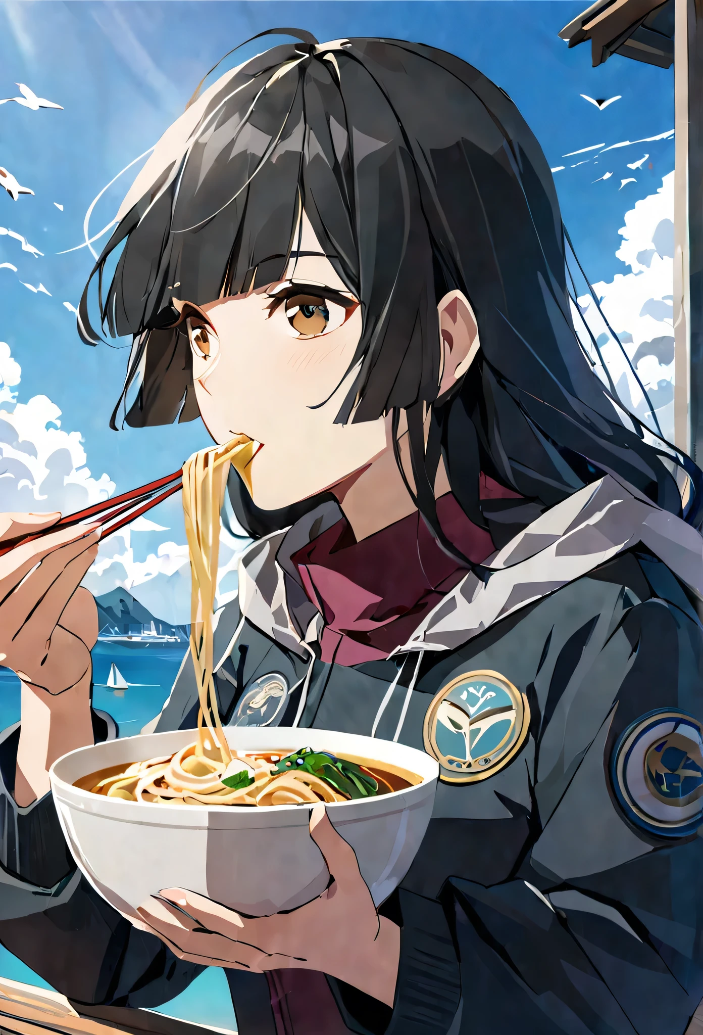 masterpiece,best quality, 1 girl, solo, eda, bangs, black hair, blue sky, cloud, she is eating noodles, she travels around the world, jacket