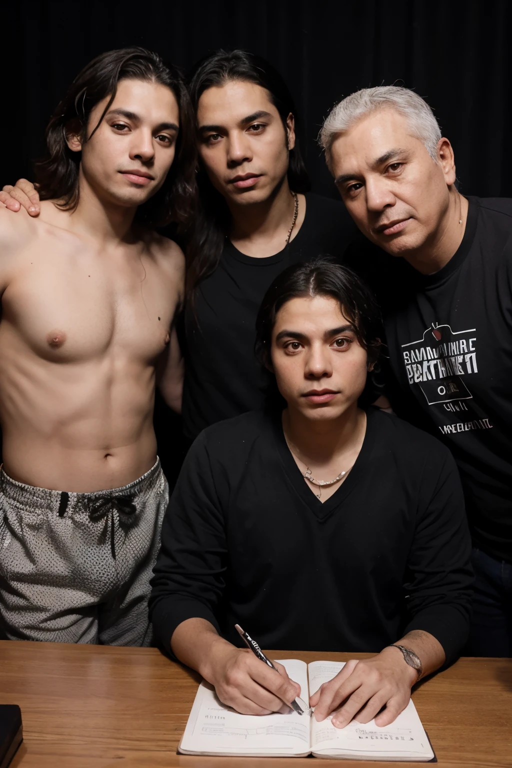 Una chica a la izquierda con cabello largo y lizo tez blanca. A boy in the center with a dark complexion and short wavy hair. On the right side a boy with dyed blonde hair and black roots.