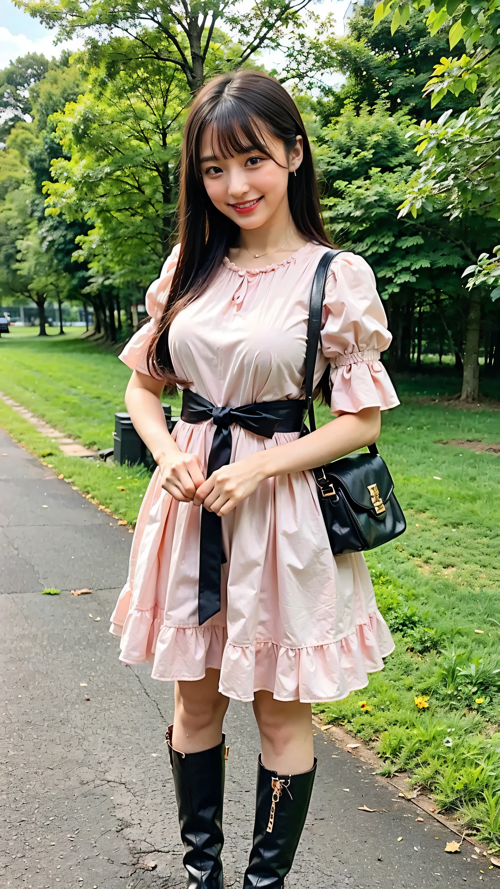 (8k、RAW Photos、highest quality、masterpiece:1.2)、(Realistic、Realistic)、1 girl、((Pink Dress、Black see-through、Large Breasts、Frills、casual、In the city、ribbon、Frills、boots、Are standing))、Lots of eyelashes、Glowing eyelids、skeletally correct