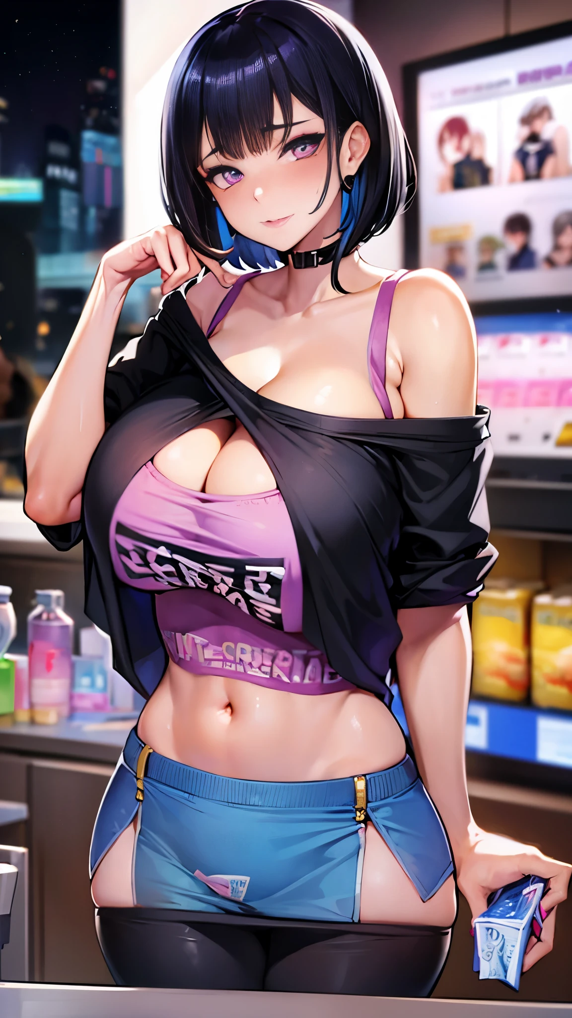 Girl with short black hair, bangs, Blue inner hair:1.25) , Purple eyes, avert your eyes, Blushing, Embarrassing, indoor, market, cash register, Oversized off-the-shoulder T-shirt, wet, Center of chest, Nighttime atmosphere, (((Big tits cleavage))), Upper Body, concentrated, Blurred Background, convenience store customer, A girl places condoms and lotions on the cash register to pay、Flashy makeup, (garu fashion:1.2)