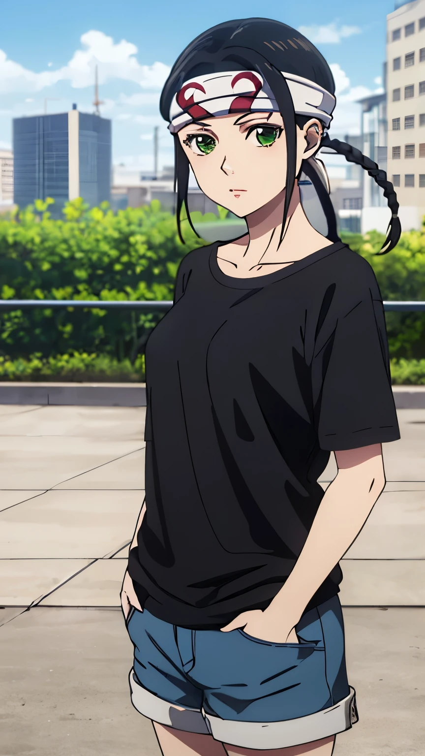 (masterpiece, best quality, 8k:1.2),
1 girl, Kyoukai, black hair, braids, ponytail, green eyes, medium breasts, (headband, t-shirt, shorts),
alone, looking at the viewer, city,