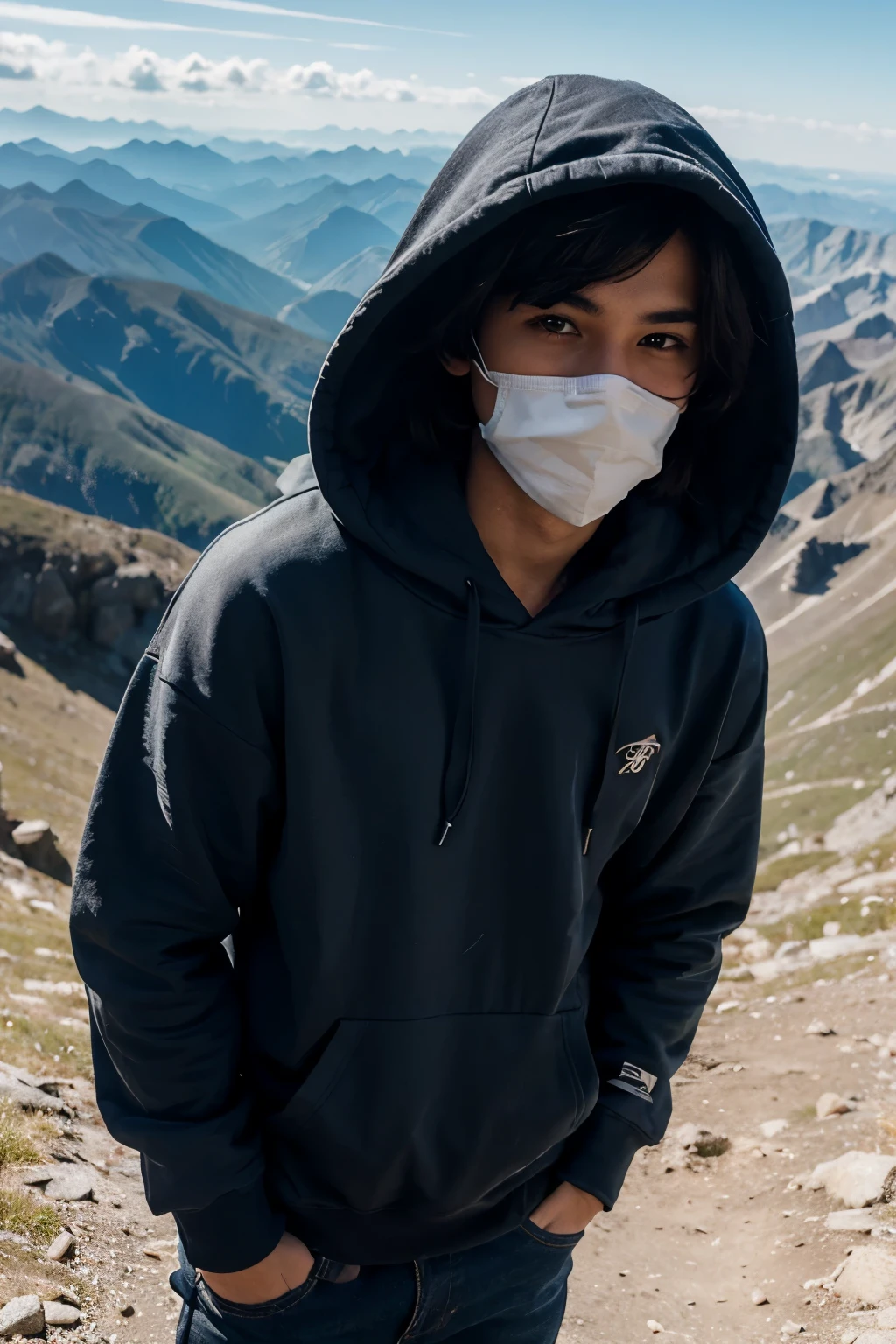 About a mysterious boy on mountains with a hoodie with hidden face