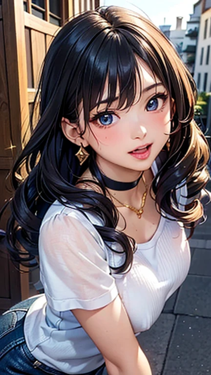A girl is posing for a photo, cute女の子, Enchanting girl, 
(((UHD)), ((highest quality)), ((masterpiece)), (Very detailed), (High resolution), (Beautiful detailed sparkle), (High detail), (Anatomically correct)), ((Realistic)), ((The best CG)), Ultra-detailed art, CG illustration, 16k, 1080P, Oil paints:1.2,   

(((One Woman))), 
(Symmetrical facial features:1.4, Perfect Face), Beautiful clavicle, (Beautiful fingers), (Beautiful breasts, (Ｄcup)), 
Beautiful body, Beautiful thighs, Beautiful feet, Perfect round butt, (((Detailed skin, Oily skin, Textured skin, Beautiful Skin))), 

(((Baby Face, cute, 16 years old))), 
(Droopy eyes, Expression of fine eyes, Beautiful and delicate eyes, Sparkling eyes, Eye Reflexes, Dark blue eyes), 
(Beautiful Nose,Thin Nose), 
(Glossy Lips, Beautiful Lips, thick lips), 

(Beautiful Hair, Shiny Hair, Shiny Hair), Hair fluttering, (Black Hair, twin drills, Wavy Hair, Long Hair), 

(White blouse, Denim skirt), Earrings、Black choker、Gold Necklace、 Gold Bracelet、

(grin,Open your mouth、tongue out),  
BREAK 
(noon、(Western-style buildings, Courtyard of the mansion)), ((Aggressive Pose、Dynamic Pose, Upward glance, Cowboy Shot))
