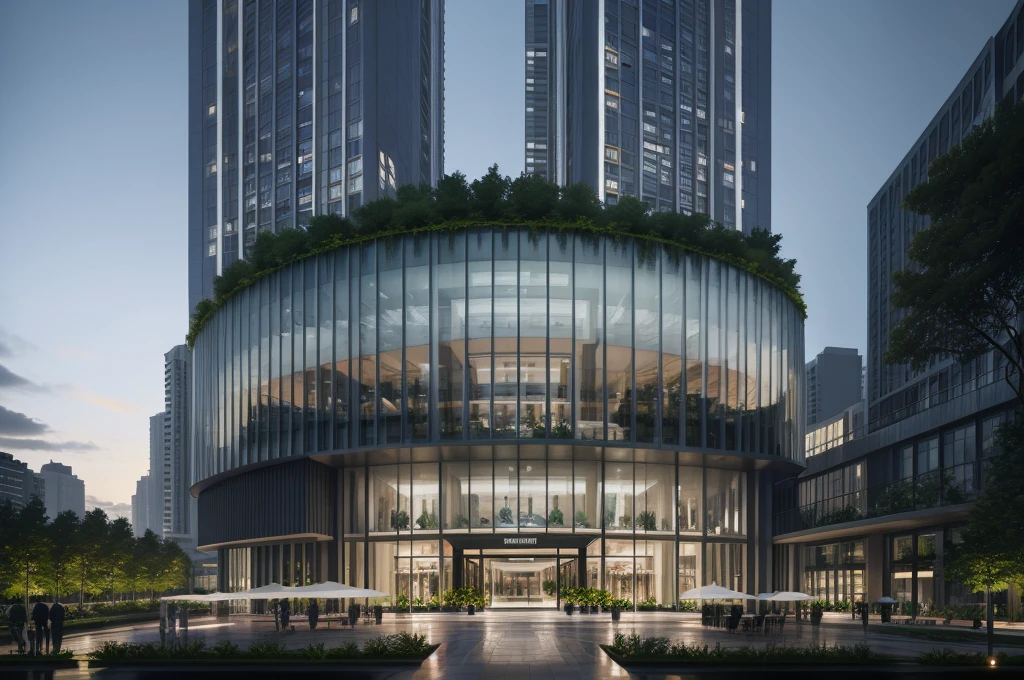 A photorealistic image of a modern luxury hotel exterior. The hotel is a high-rise building with a sleek, minimalist design. The facade is made of a combination of floor-to-ceiling windows and textured concrete panels. Lush greenery cascades down balconies on several floors, creating a sense of vertical gardens. A sparkling infinity pool reflects the sky on the rooftop terrace. The entrance is welcoming with a modern canopy and a water feature.