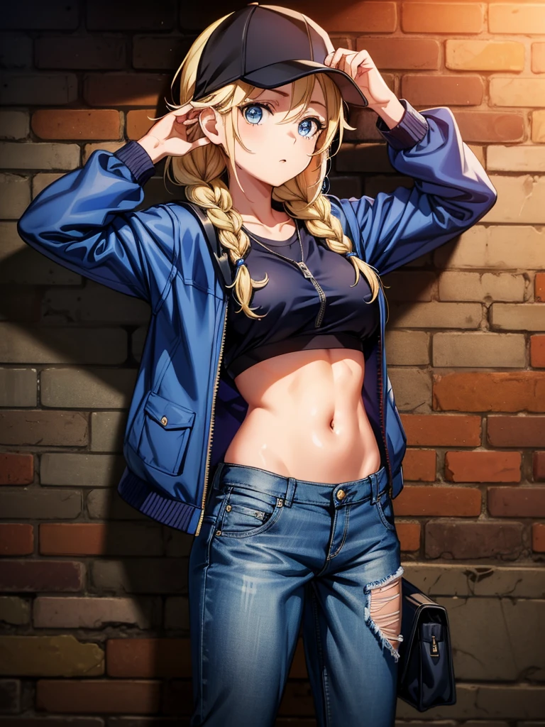 girl in blue and black jacket leaning against brick wall holding cap under arm, 1girl, solo, navel, long hair, denim, pants, hat, blue eyes, blonde hair, braid, baseball cap, crop top, long sleeves, hand on headwear, stomach, jacket, looking at viewer, breasts, jeans, black headwear, midriff, zipper pull tab, blue jacket, cowboy shot, zipper, twin braids, holding bag, cropped jacket,Eiko Tsukimi, blue eyes, braid, twin braid,blonde hair,baseball cap