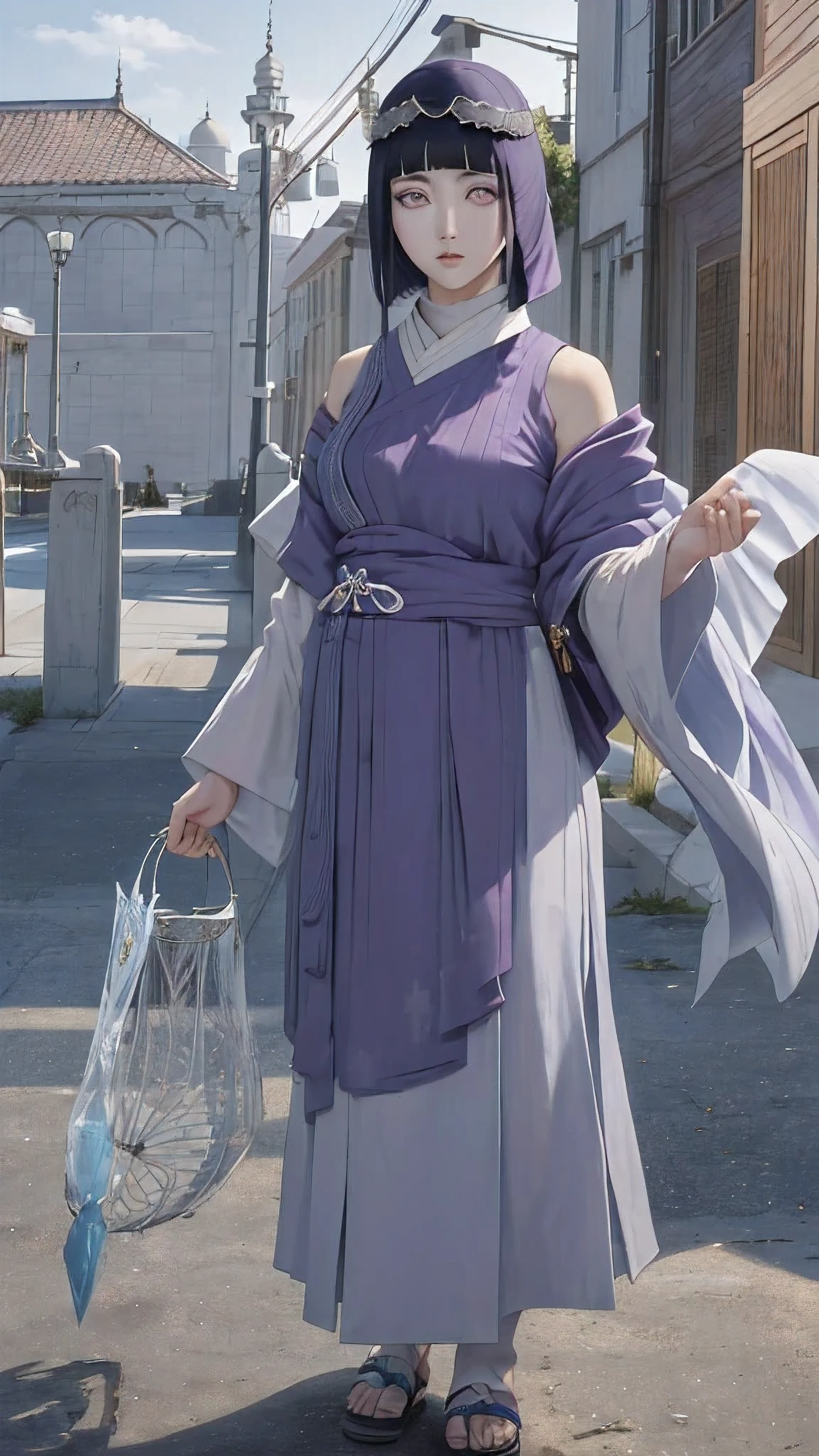 (masterpiece, top quality, best quality, official art, beautiful and aesthetic: 1.2), (1girl), (depicted as Hyuga Hinata from the anime Naruto), (long dark blue hair, cascading down her shoulders), (styled with white eyes, distinctive of her Byakugan heritage), (beautiful, with expressive features and captivating charm), (clad in purple clothes, traditional to Muslim attire), (wearing a mukena, intricately designed and flowing), (head adorned with a hijab, adding a layer of cultural authenticity), (set against a serene mosque background), (ultra-detailed, every fiber