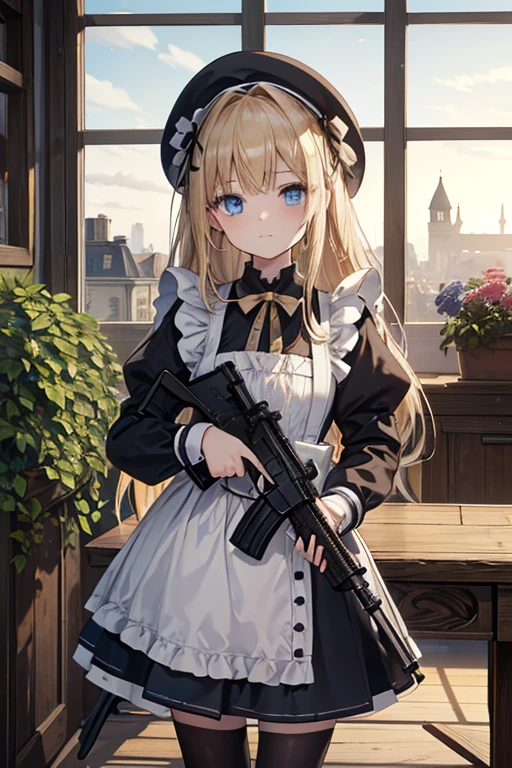 (8k, highest quality, Tabletop:1.2)、Ultra-high resolution, 14-year-old girl, Perfect Fingers, Detailed face, blue eyes, blonde, Straight hair, Long Hair, Black maid outfit,  Western-style building、garden、holding weapon, leveraction, antique firearm, trigger discipline, m4a1