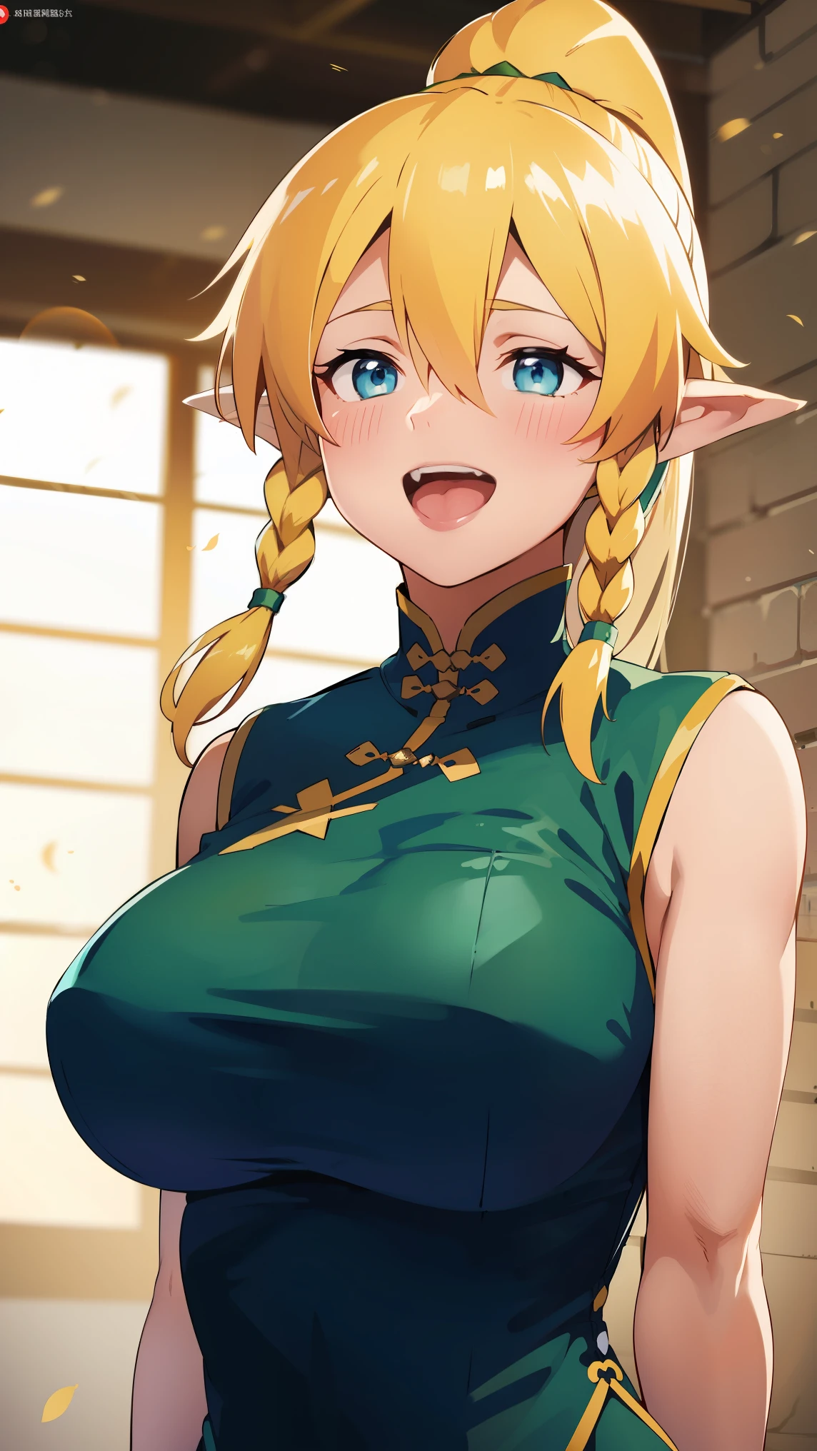 (((leafa))), blonde hair, long hair, green eyes, pointy ears,twin braids, hair between eyes,ponytail, very long hair,side braid,
BREAK (chinese clothes, short china dress,bare hands,sleeveless:1.2)
BREAK upper body, (huge Laughing:1.1), (open mouth:1.1), closed eyes, sun glare, bokeh, depth of field, blurry background, light particles,
BREAK (masterpiece:1.2), best quality, high resolution, unity 8k wallpaper, (illustration:0.8), (beautiful detailed eyes:1.6), extremely detailed face, perfect lighting, extremely detailed CG, (perfect hands, perfect anatomy),