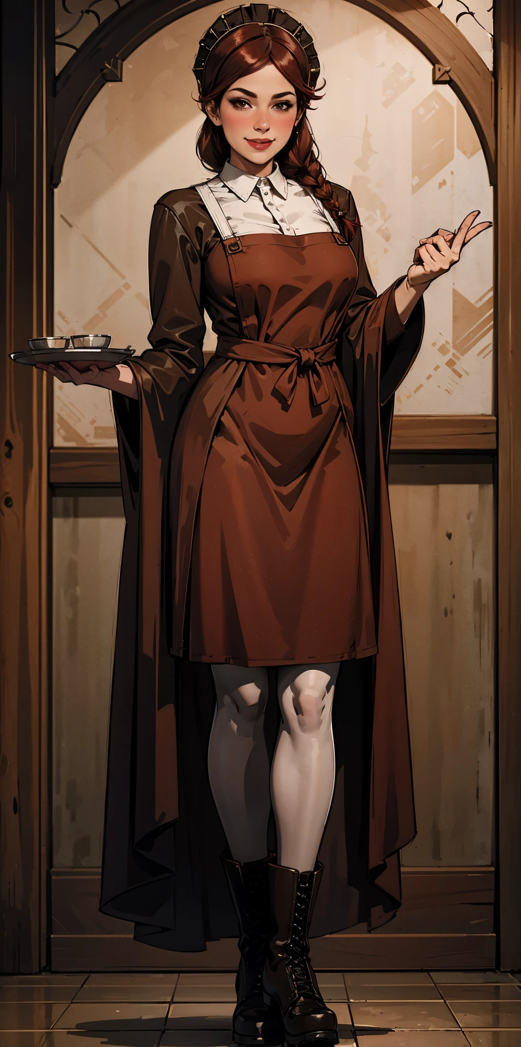 full body standing straight symmetrical, lustful smirking smile face red blush red cheeks, looking at viewer, holding tray, braid, maid headdress, maid, dress, apron, long sleeves, brown pantyhose, long leather militar boots, thighs, long white hair, masterpiece