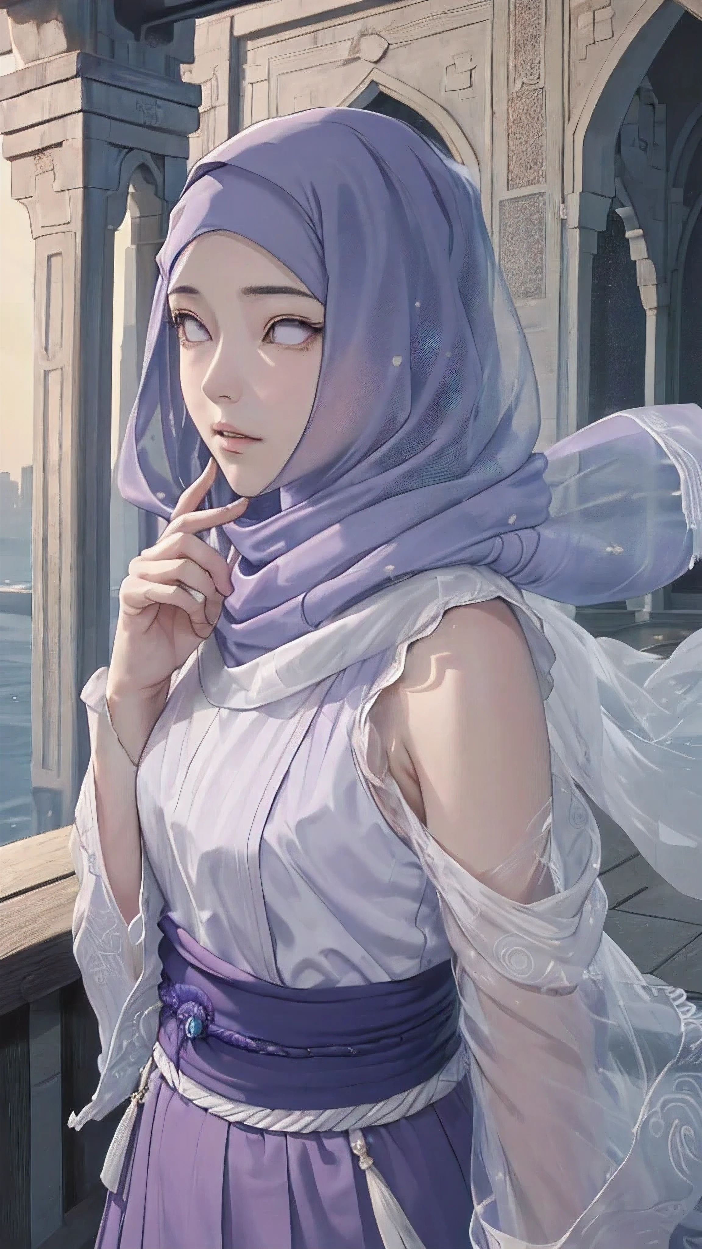 (masterpiece, top quality, best quality, official art, beautiful and aesthetic: 1.2), (1girl), (depicted as Hyuga Hinata from the anime Naruto), (long dark blue hair, cascading down her shoulders), (styled with white eyes, distinctive of her Byakugan heritage), (beautiful, with expressive features and captivating charm), (clad in purple clothes, traditional to Muslim attire), (wearing a mukena, intricately designed and flowing), (head adorned with a hijab, adding a layer of cultural authenticity), (set against a serene mosque background), (ultra-detailed, every fiber