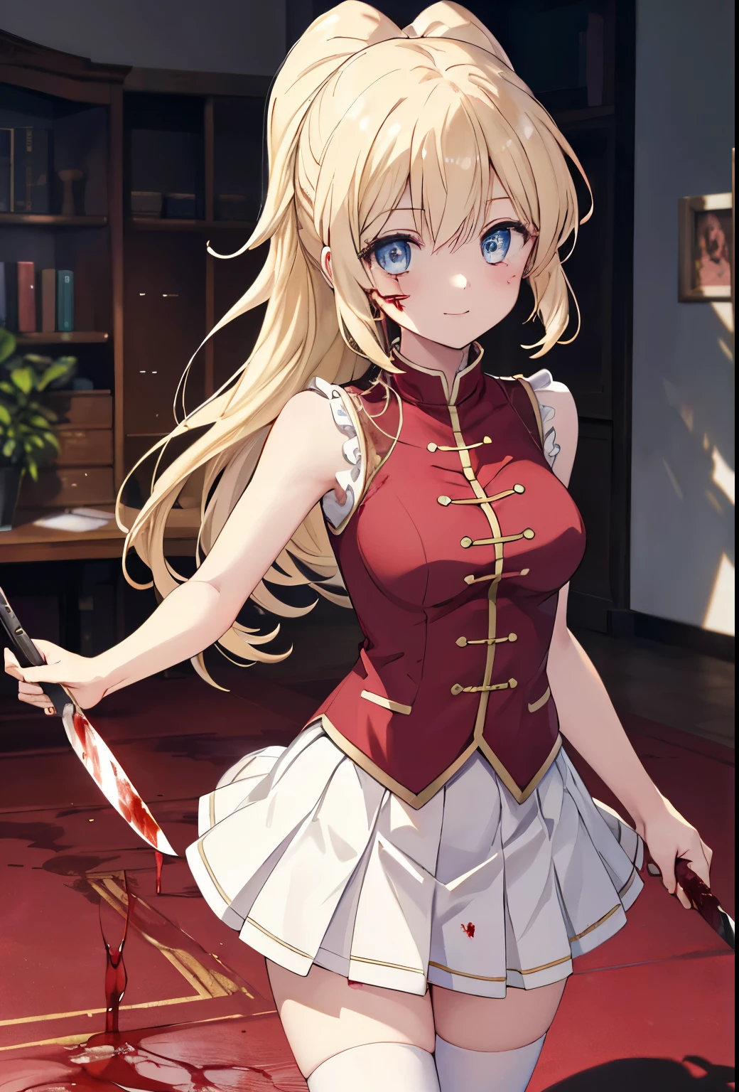 (masterpiece), (best quality), (ultra-detailed), (best illustration), (best shadow), (absurdres), (detailed background), (very aesthetic), shiny, detailed beautiful eyes, outstanding, countershading, detailed soft lighting, an exquisite animation illustration, high resolution, unity 8k wallpaper, (illustration:1.5), anime style, (beautiful detailed eyes:1.6), extremely detailed face, perfect lighting, extremely detailed CG, (perfect hands, perfect anatomy), (dynamic pose, dynamic angle:1.1), (1girl, solo), YuinshielAsteria, long hair, ponytail, AsteriaBase, long hair, ponytail, red shirt, sleeveless, white skirt, white thighhighs, looking at viewer, crazy smile, blush, ((blood, blood on arm, blood on face, blood on clothes, blood on hands, holding knife, knife)), serial killer, slasher, indoor, anime,