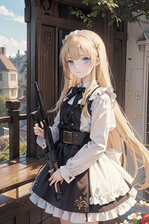 (8k, highest quality, Tabletop:1.2)、Ultra-high resolution, -yeld gi Perfect Fingers, Detailed face, blue eyes, blonde, Straight hair, Long Hair, Black maid outfit,  Western-style building、garden、holding weapon, leveraction, antique firearm, trigger discipline, m4a1