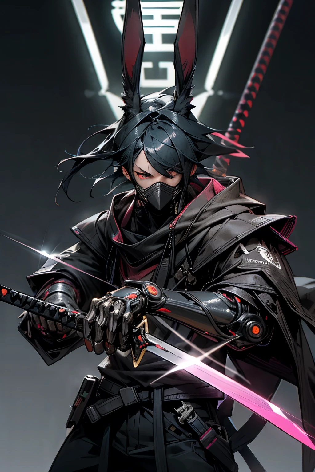 Dark Fantasy, Cyberpunk, (neon, cyber ninja, Silver:1.2), One figure, action pose, masterpiece of artistry, High-resolution detailed masterpiece (highres), Scarred, one-eyed, (Rabbit Ears swordsman:1.2), exudes a cool samurai-style aura, with a sleek cybernetic twist, The swordsman is adorned with neon lights, embodying a cyber-ninja essence, This industry-defining image is a testament to the best quality of digital artistry,