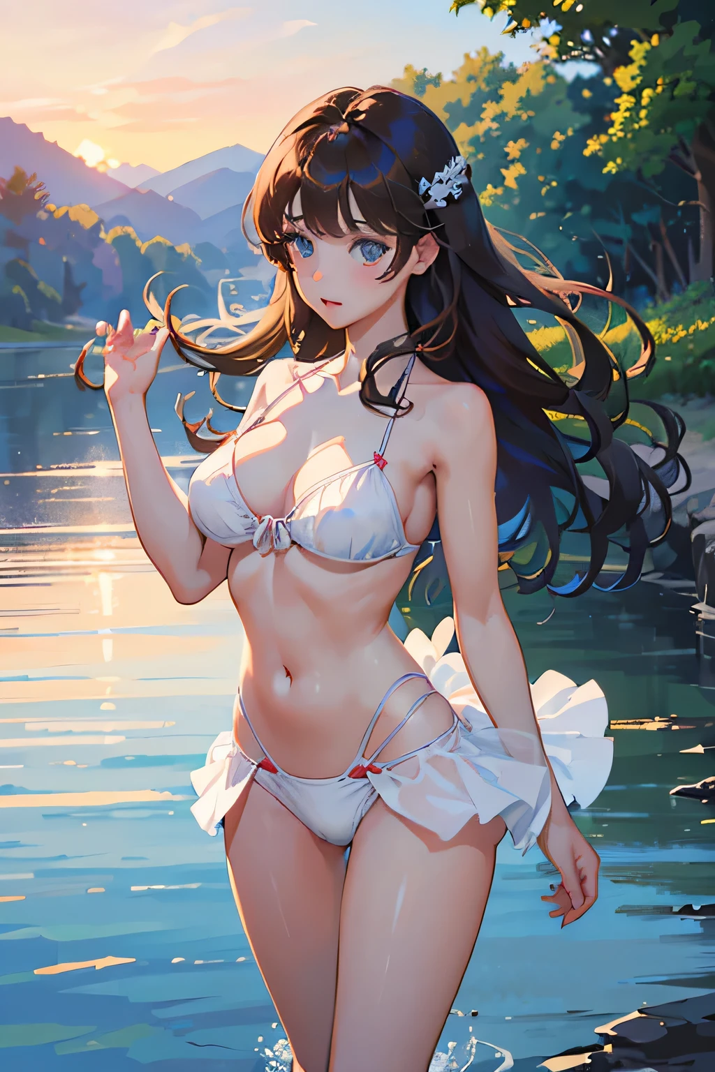 (This is a close-up shot of a young anime girl in a bikini :1.4),(solo:1.4),(1girl:1.4),(long brown hair:1.3),(blue eyes:1.2),(white bikini top:1.3),(white bikini bottom:1.2),(blue sky:1.1), (detailed face:1.3),(beautifuldetailed eyes:1.3),(slightly parted lips:1.2),(shy embarrassed expression:1.3),(flushed cheeks:1.2),(slender body:1.2),(large breasts:1.3), (masterpiece:1.2),(best quality:1.3),(ultra high res:1.2),(photorealistic:1.1), lora:cuteGirlMix4_v10:0.5,lora:koreanDollLikeness_v15:0.3,sunset、With the riverside in the background、There&#39;s a mountain in the background、Bikini shows through、Nipples are visible、Bikini wedgie、sunset、To reflect the whole body