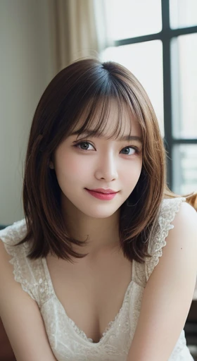 highest quality, Soft Light,超High resolution, (Realistic:1.4), RAW Photos,Tabletop, highest quality, figure, Super detailed, In detail, High resolution, 8k wallpaper, Perfect dynamic composition, Beautiful fine details, dress,Medium Hair, , Natural color lip, Random sexy poses,smile,Osaka,20-year-old girl,cute